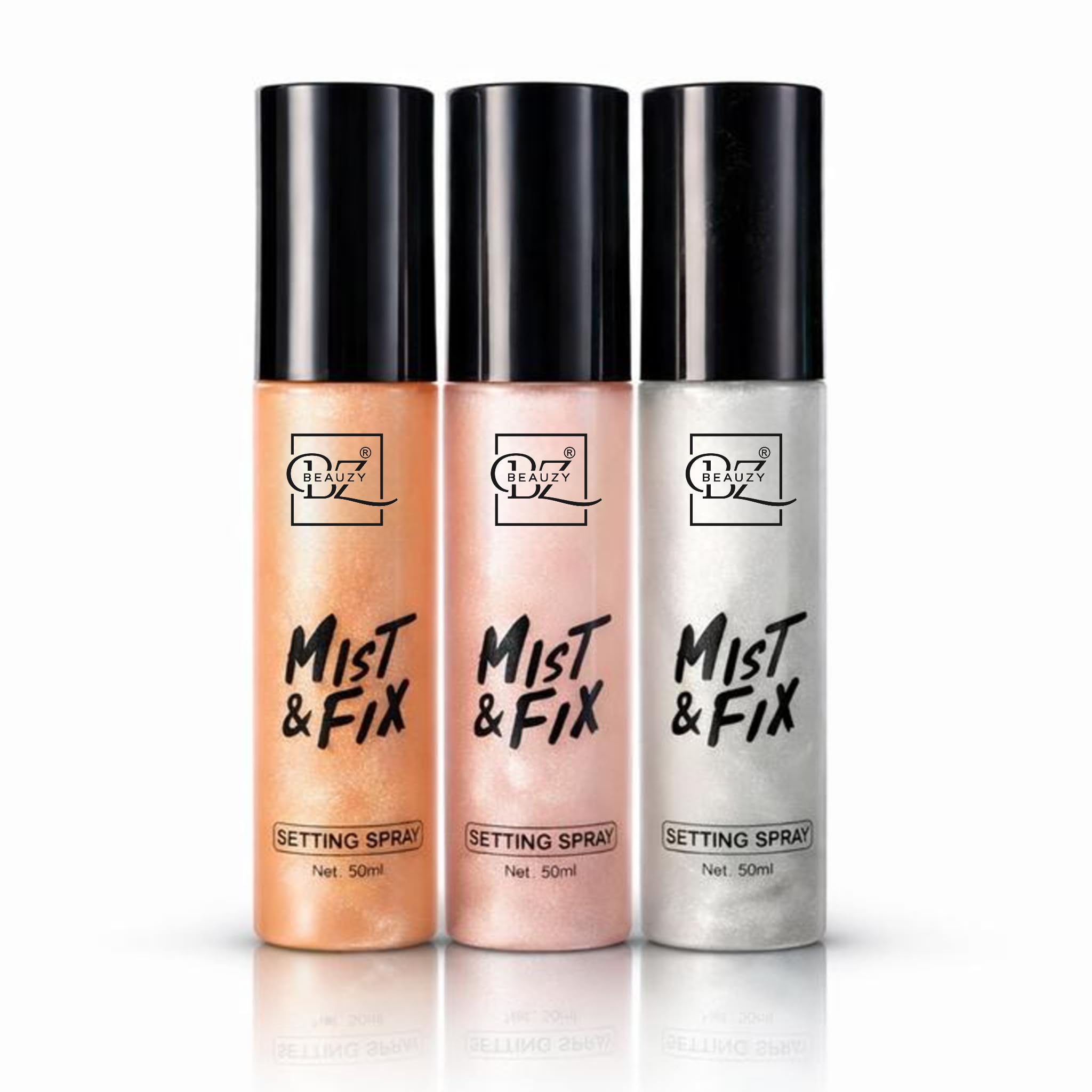 Beauzy Mist & Fix Setting Spray Combo (3 x 50ml) | Long Lasting Makeup Fixer with Gold, Pink & Silver Glow | Hydrating, Lightweight Face Makeup Setting Spray for All Skin Types