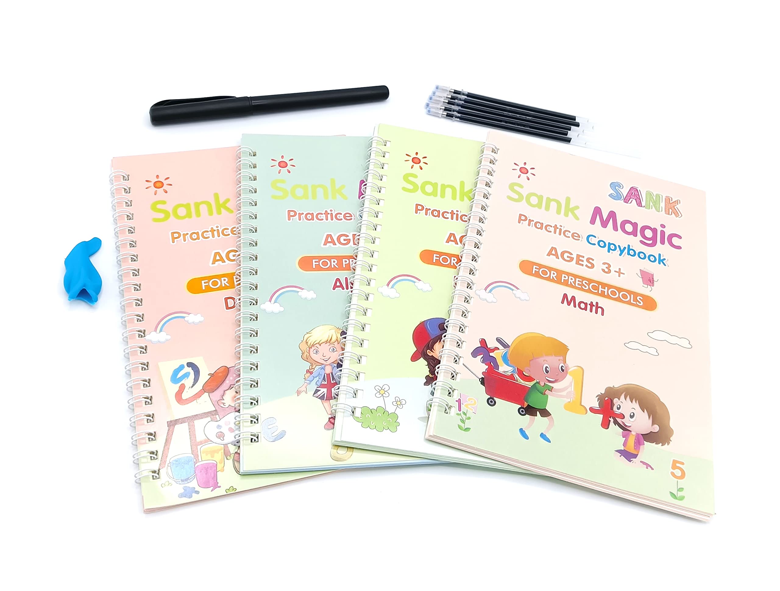 GOLD LEAF Magic Practice Copybook for Kids, Reusable Practice CopyBook, Math Alphabet Drawing Tracing Handwriting Book Set, with 1 Pen 5 Refills/1 Grips (Pack of 4Books)