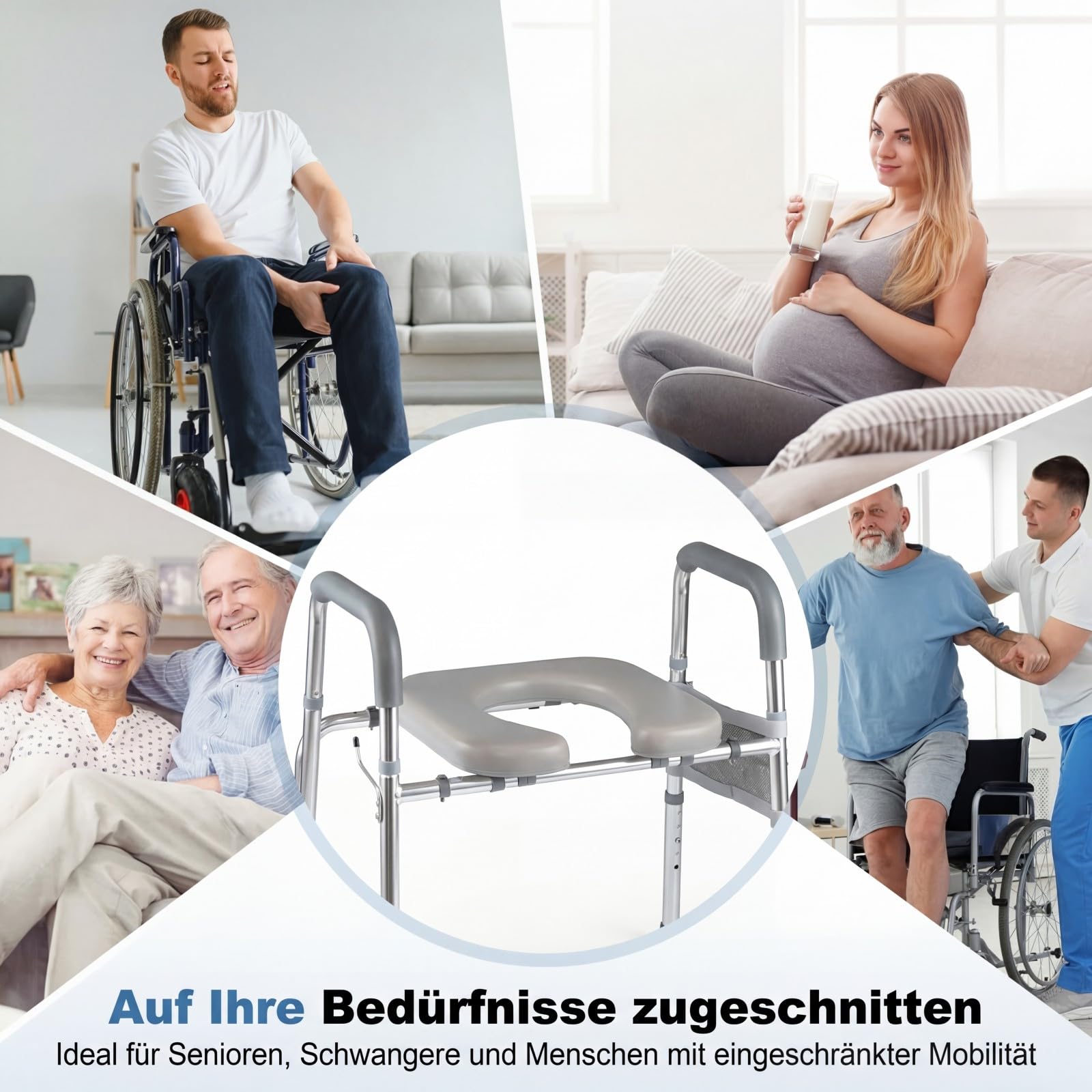 COSTWAY Toilettensitzerhöhung, WC Sitzerhöhung für Senioren, mit Griffen, gepolstertem Sitz, 5-fach höhenverstellbar 41,5-51,5 cm, verstellbare Breite, Aluminium, Erhöhter Toilettensitz, Weiß