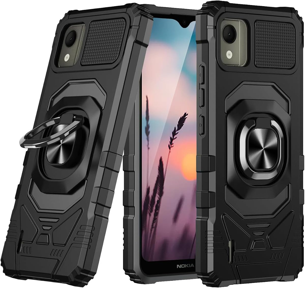 Compatible for Nokia C110 N156DL Phone Case (Black) | Metal Ring Magnetic Support Kickstand Heavy Duty Drop Protector Phone Case Cover