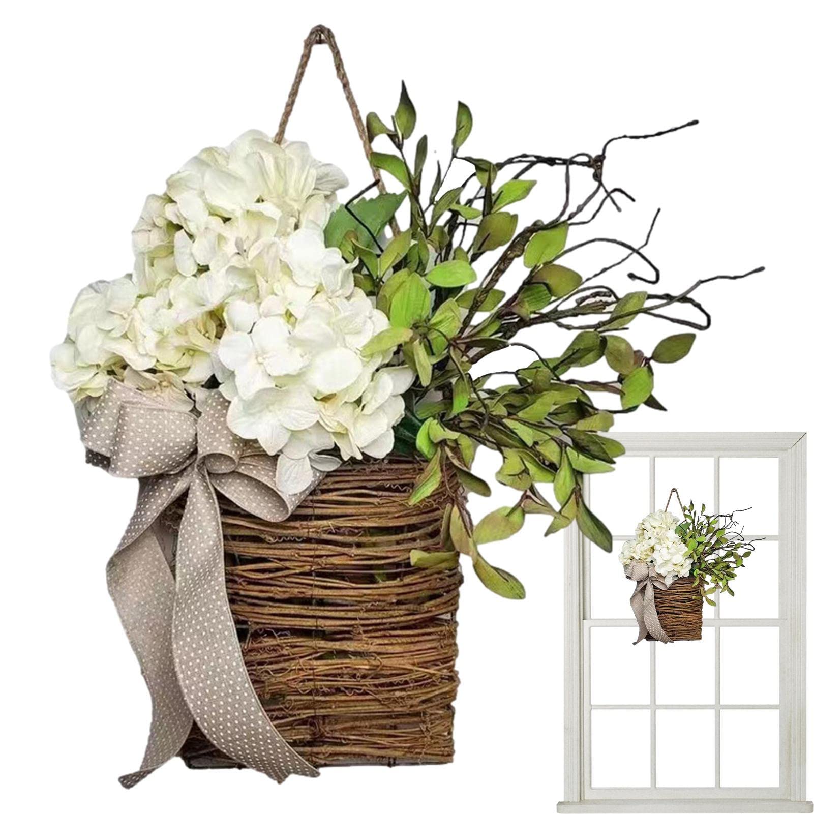 Amazon｜造花、玄関ドア用春の花輪 バスケットにエレガントな白い花