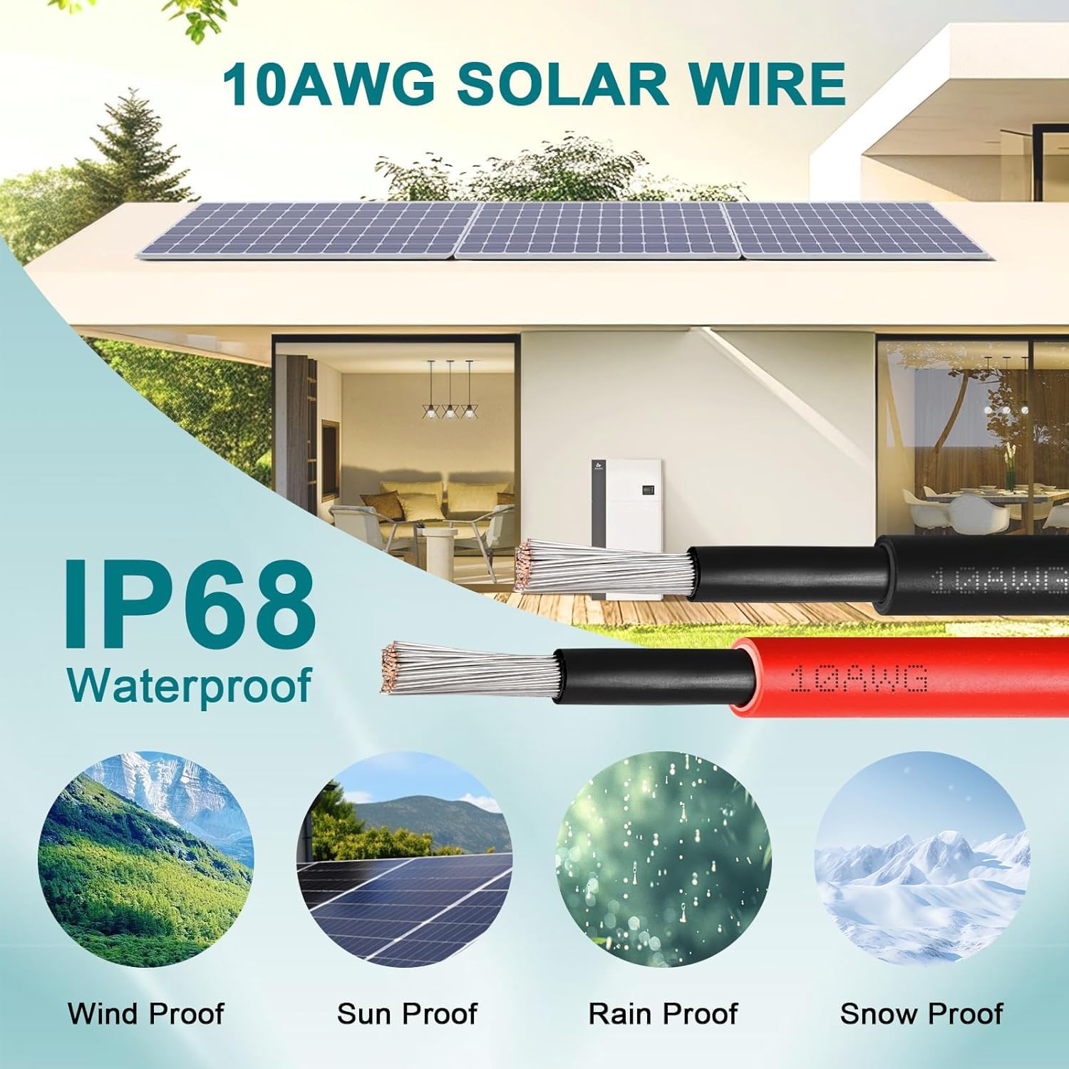 10AWG Solarkabel 6mm², 2 Pack 50FT Rot & Schwarz Solarpanel Kabel, 84 Stränge verzinntes Kupfer, XLPE Isolierter Außendraht für PV-Anlagen, Wechselrichter, Batterie, Wohnmobil, Auto, Boot - Feuer