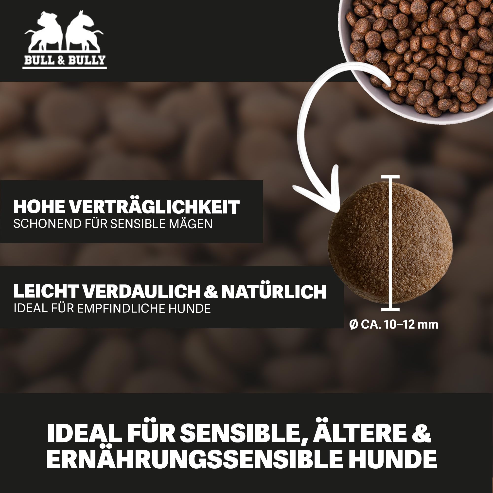 Hundefutter Big Bully Strauß Hundefutter Trocken – Energiereiches Trockenfutter für Hunde tierärztlich entwickelt – Hundetrockenfutter Premium Dog Food – Monoprotein Hundeleckerli 250g BULL & BULLY