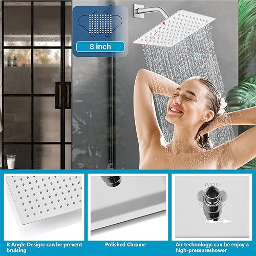 Miniatura 2 de Midanya Grifo de ducha de 3 manijas con boquilla de bañera, juego de grifo de ducha de lluvia de 8 pulgadas y válvula áspera para montaje en pared,