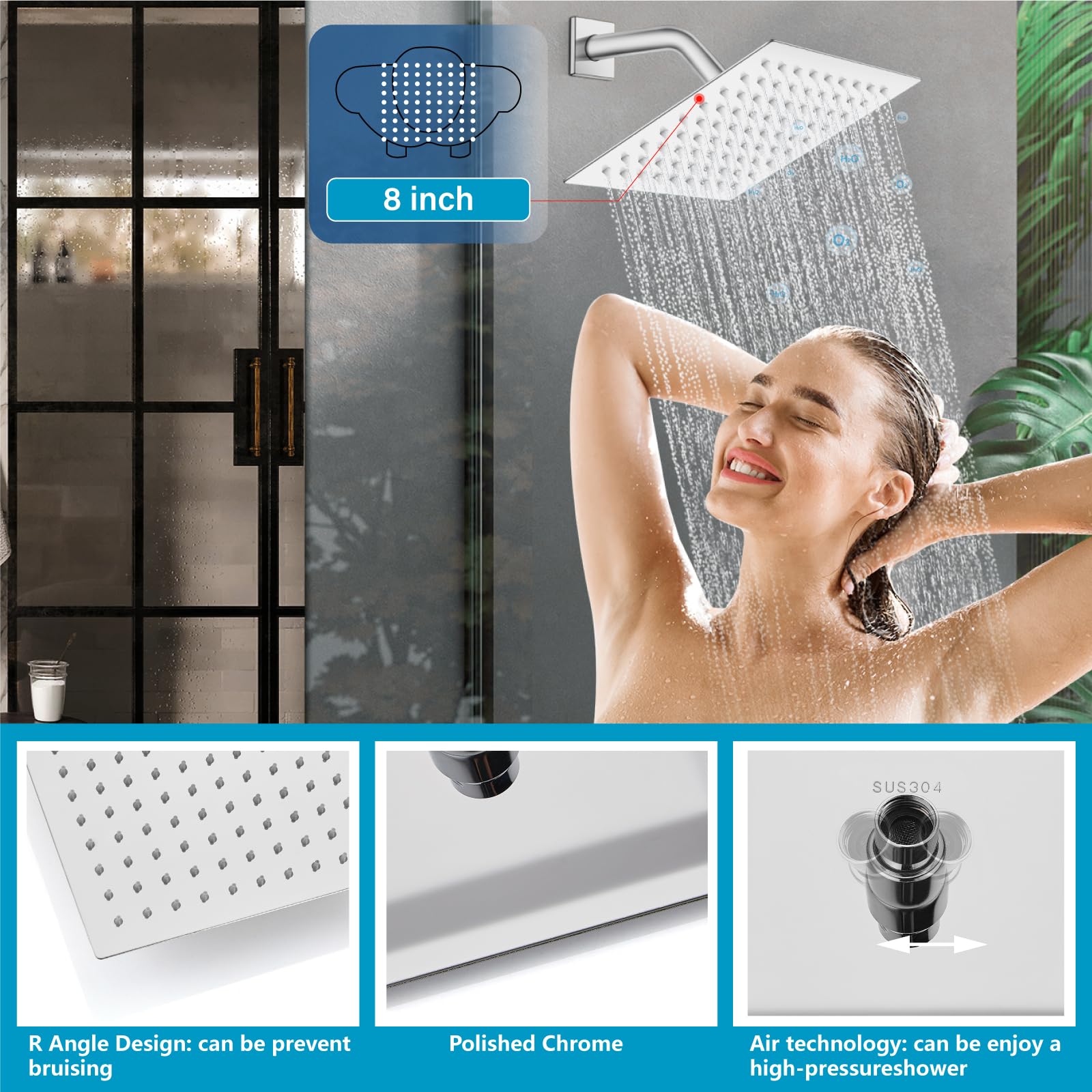 Grifo de bañera y ducha de 3 manijas con caño, juego de grifo de ducha de lluvia de 8 pulgadas para bañera y válvula de empotrar, kit de embellecedor de baño para montaje en pared, sistema de ducha,
