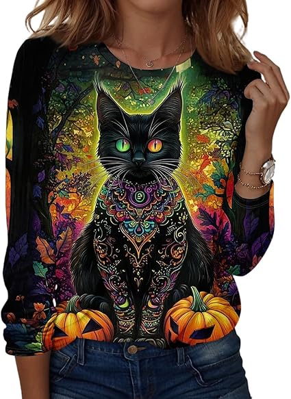 Halloween Shirts for Women Long Sleeve Plus Size Fashion Crewneck Comfortable Tshirts Halloween Costumes for Women