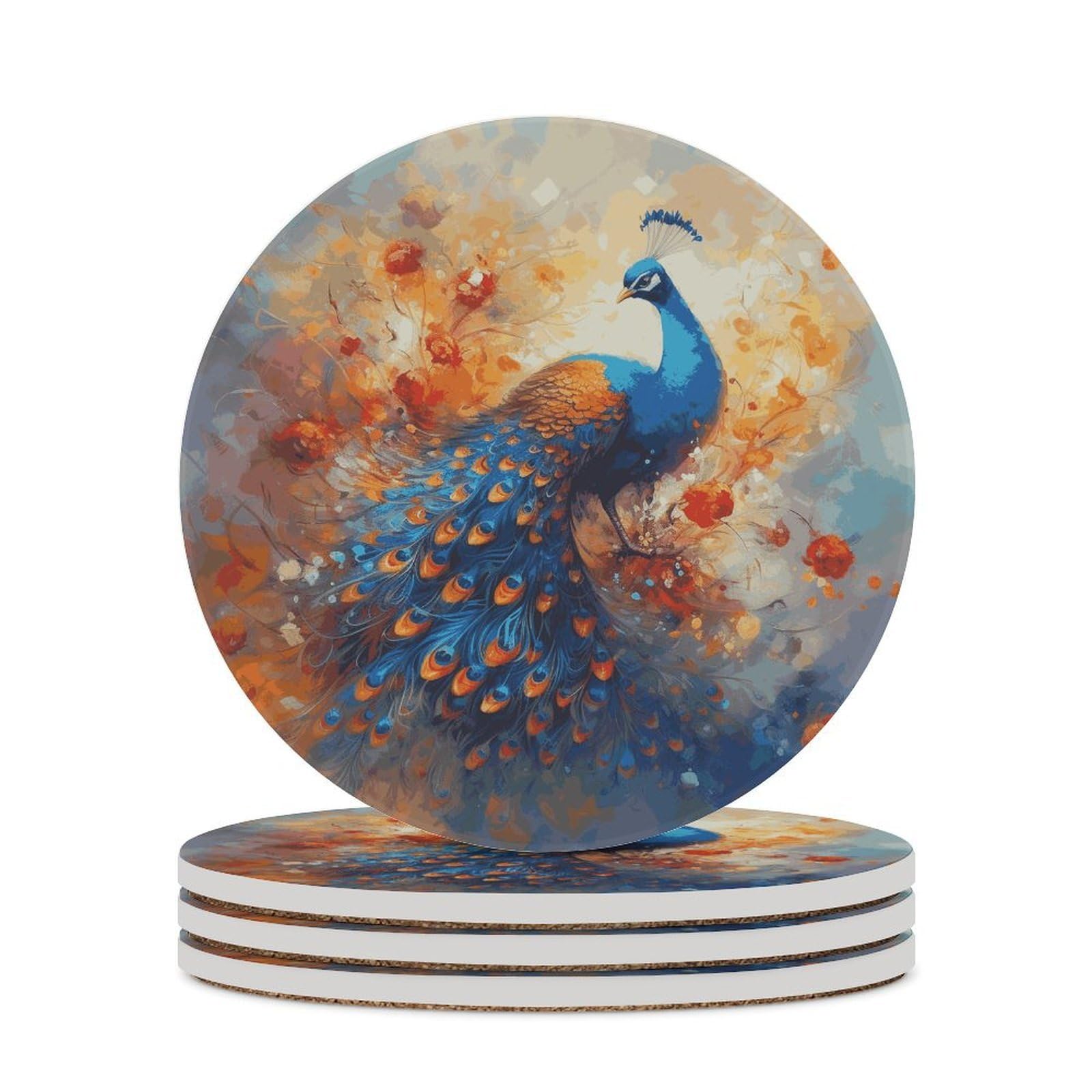 Peacock2 Coaster with Cork Base Drink Coasters for Coffee Table Decor Modern Cup Coasters with Non-Slip & Heat-Resistant Cute Ceramic Table Coaster for Home Dining
