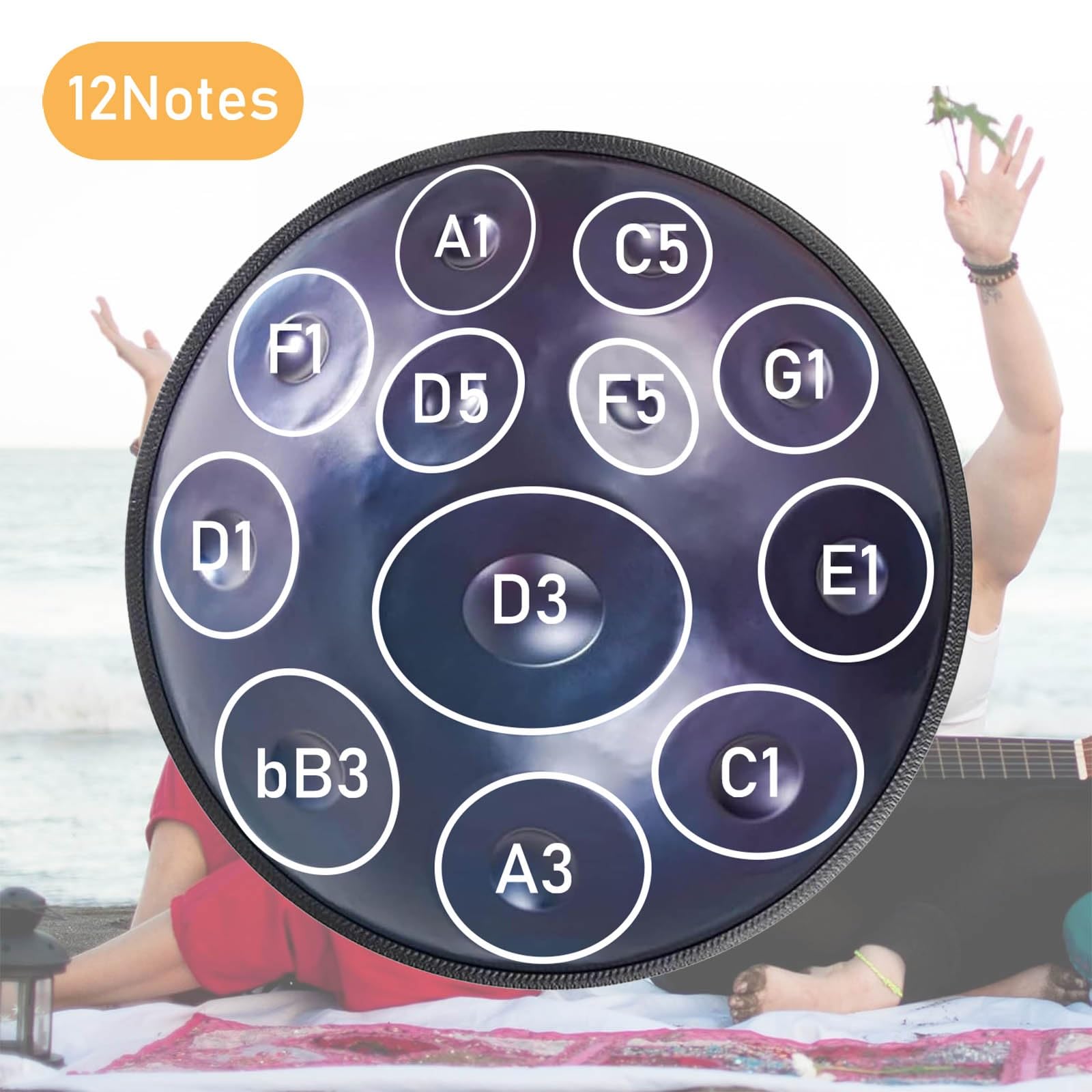 55.8cm Tamburo Handpan 432Hz/440Hz, 9/10/12 Note Strumento A Tamburo Handpan, Re Minore Tamburo in Acciaio per La Guarigione del Suono(Blue,440HZ/12Note)