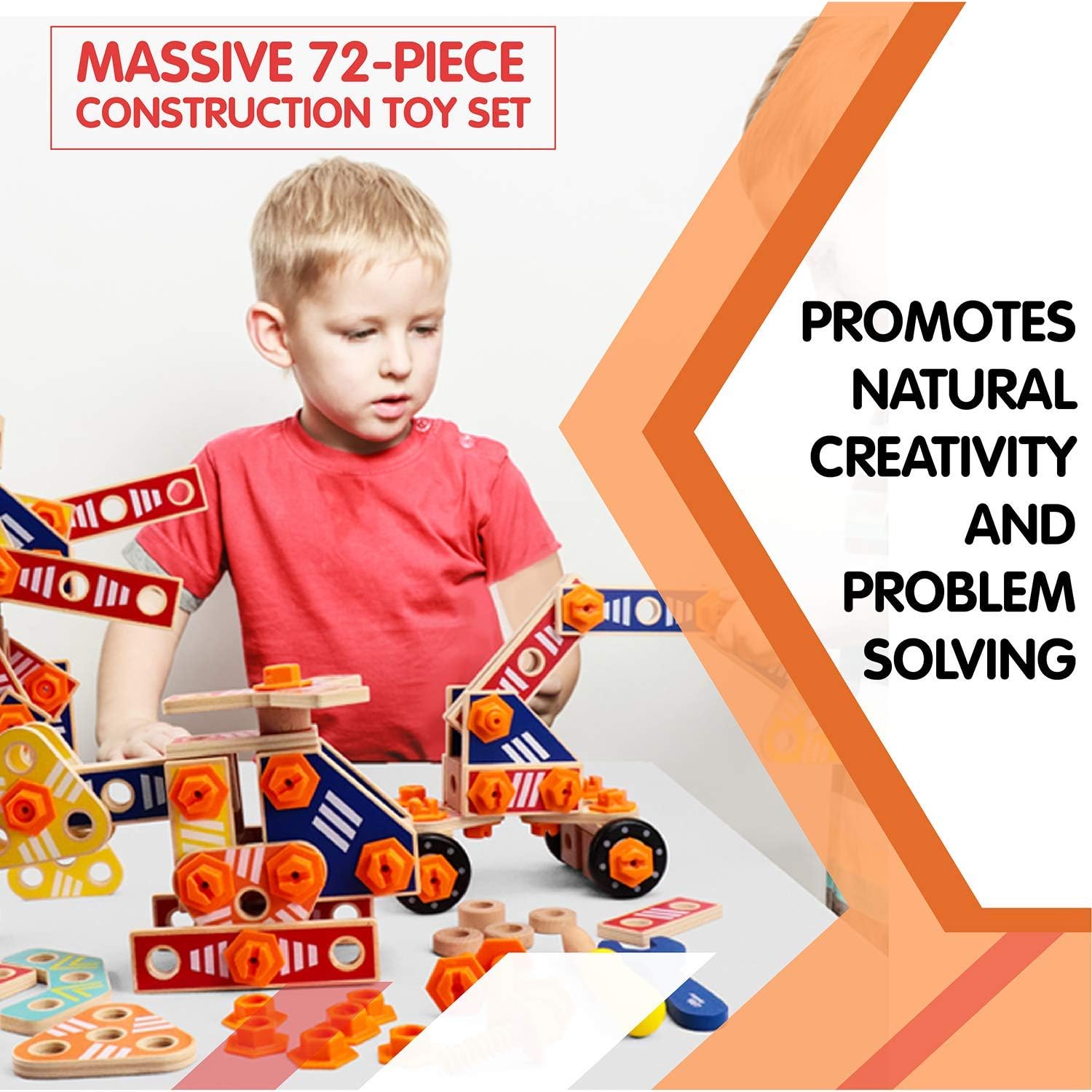 Leo & Friends Wooden Builder Construction Set - 72-Piece Kids Toy for Girls and Boys - Learning & Educational Toy for Christmas Birthdays or Holidays