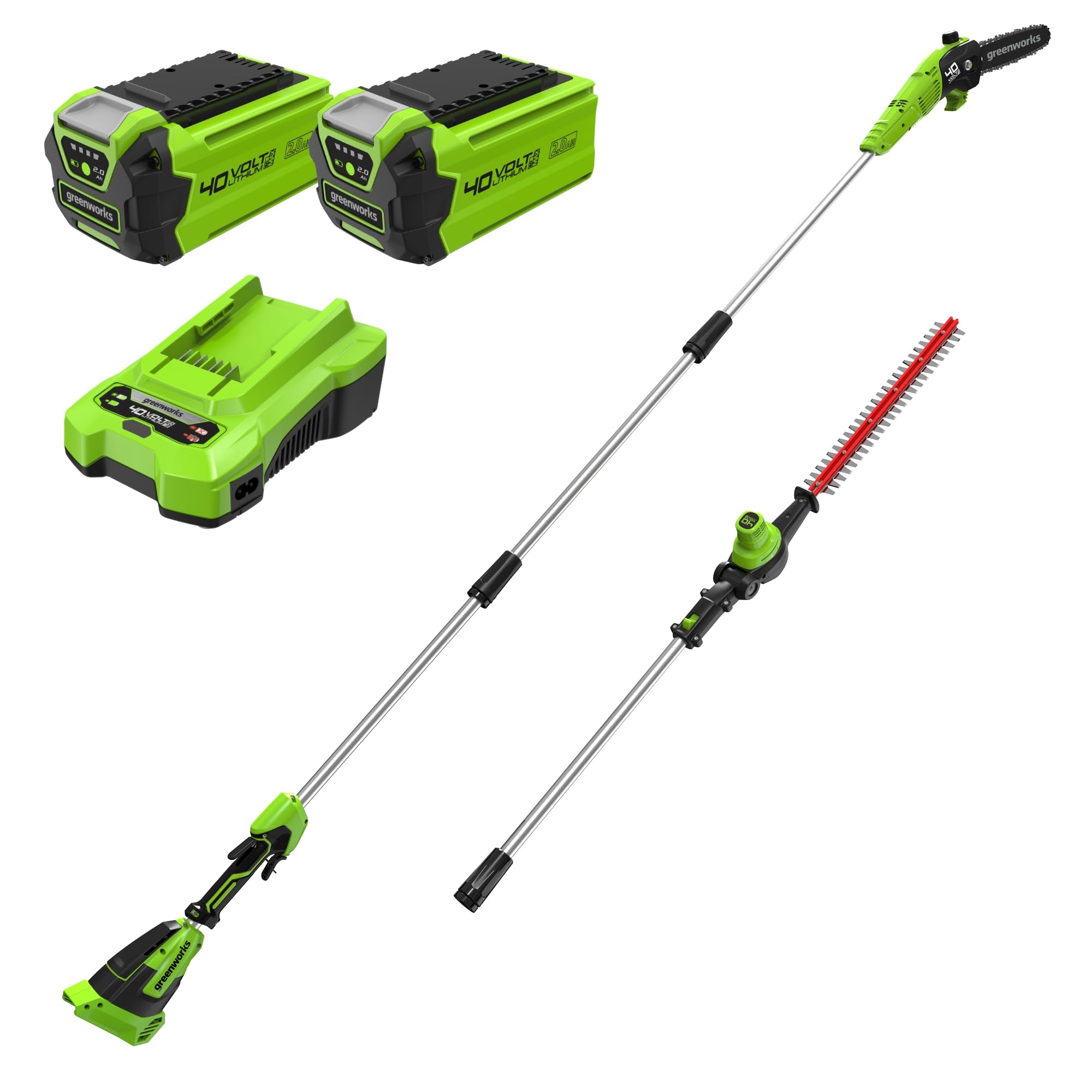 Greenworks 40V Sega e Tagliasiepi ad Asta a Batteria 2 in 1, Motore Brushless da 30 cm, Lama a Doppia Azione da 51 cm, Batteria da 2 e Caricabatterie GD40PSHK2x