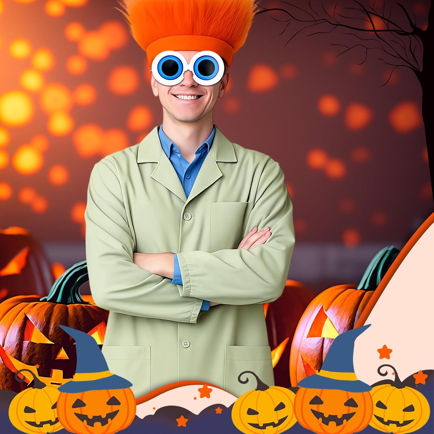 SATINIOR 3 Pcs Halloween Costume Accessories Set Adult Cosplay Green Professional Lab Coat Orange Wig Eyeball Glasses - Image 5