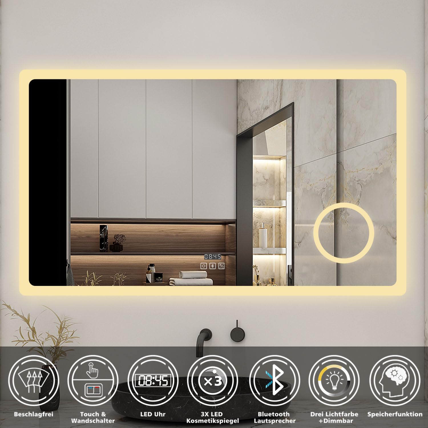 LED Wandspiegel 140x80cm Touchschalter Beschlagfrei Badspiegel mit Beleuchtung Bluetooth Uhr 3X Schminkspiegel 3 Lichtfarbe 3000-6500K Dimmbar IP44