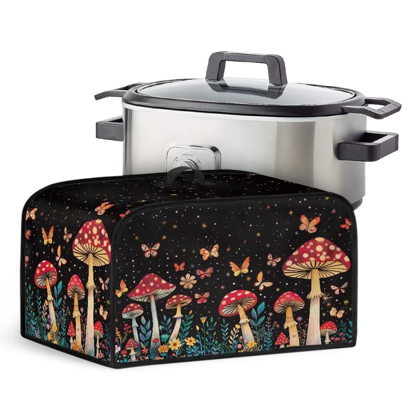 TODIYADDU Red Mushroom Slow Cooker Carrying Case Starry Butterfly Kitchen Appliance Dust Cover with Handle and Storage Pocket for Crock Pot or Air Fryer Waterproof Slow Cooker Cover Holiday Gifts
