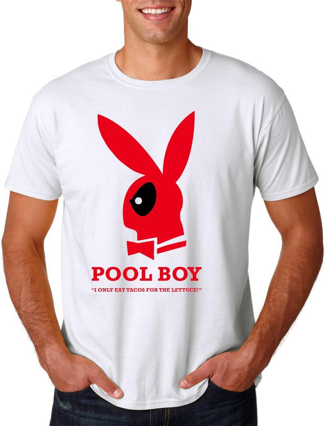 Tee-O-Rama Pool Boy | Deadpool and Play Bunny Parody Premium Men's T-Shirt (XX-Large, White)