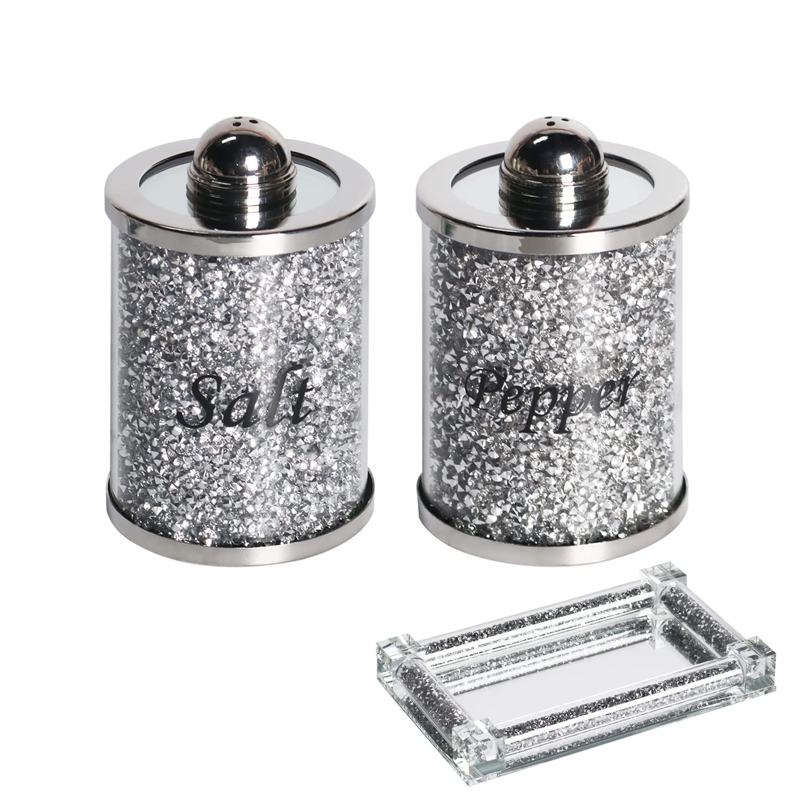 Crystal Salt and Pepper Shakers Set with Tray,Sparkly Crystal Crushed Diamond House Decor for Kitchen,Bling Salt Pepper Jar Container Pot for Countertop,saleros para cocina elegantes,Silver