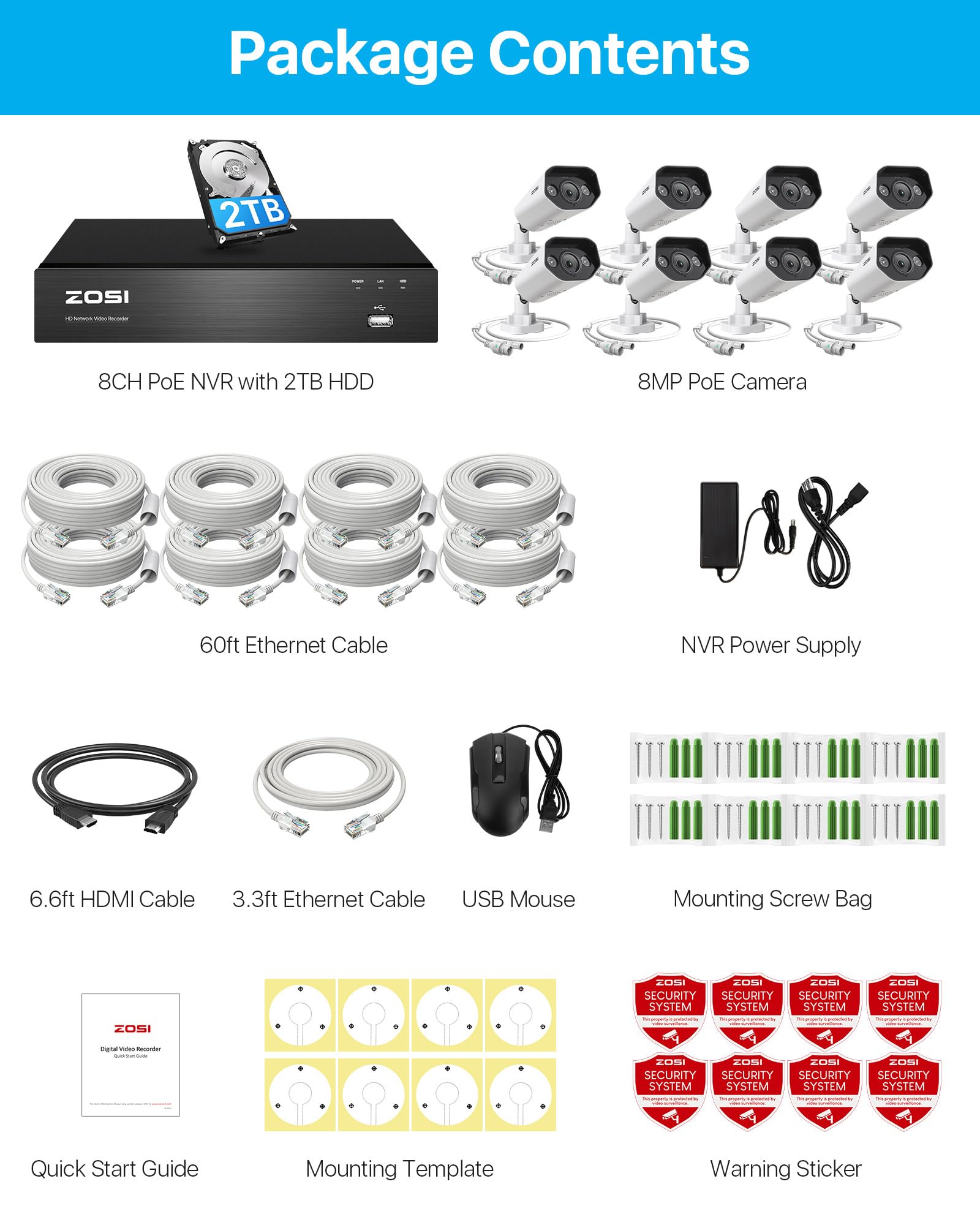 ZOSI 4K Kit de Cámara de Vigilancia PoE 8CH 8MP H.265+ Grabador NVR y 2TB Disco Duro con 8pcs Cámara de Seguridad Exterior, Visión Nocturna en Color, Alarma de Movimiento, Audio Bidireccional