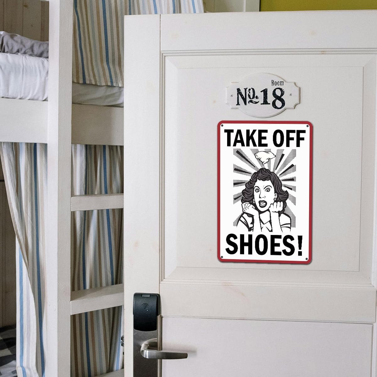 Take Off Shoes Metal Tin Sign - Funny No Shoes Sign for Front Door, Remove Shoes Sign for House Wall Décor, Cute and Humorous Hanging Door Sign for Entryway or Home, 8x12 Inch - Image 4