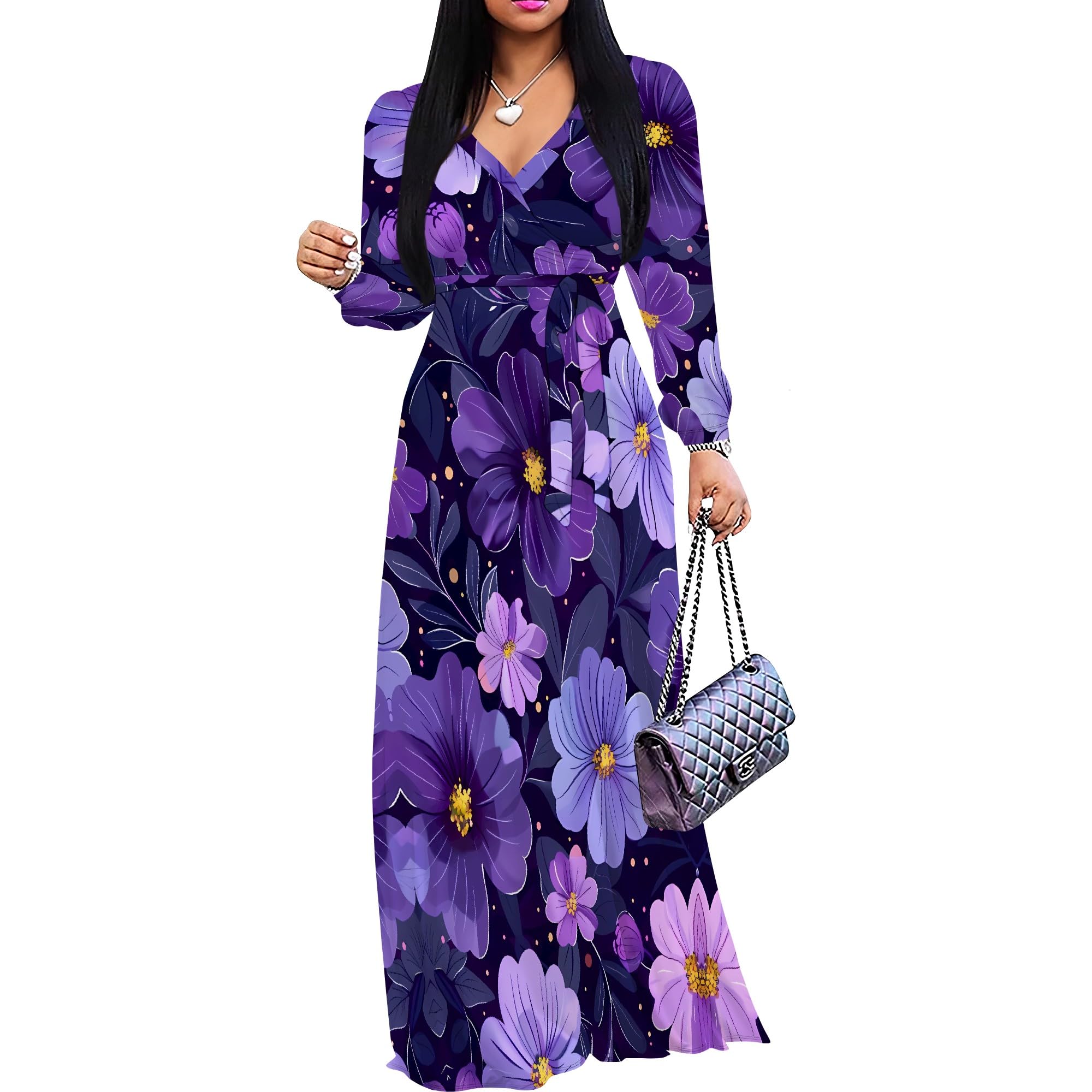 PinkPatty Women's Long Sleeve Maxi Dress Plus Size Casual V Neck Wrap Dress with Pockets&amp;Belt