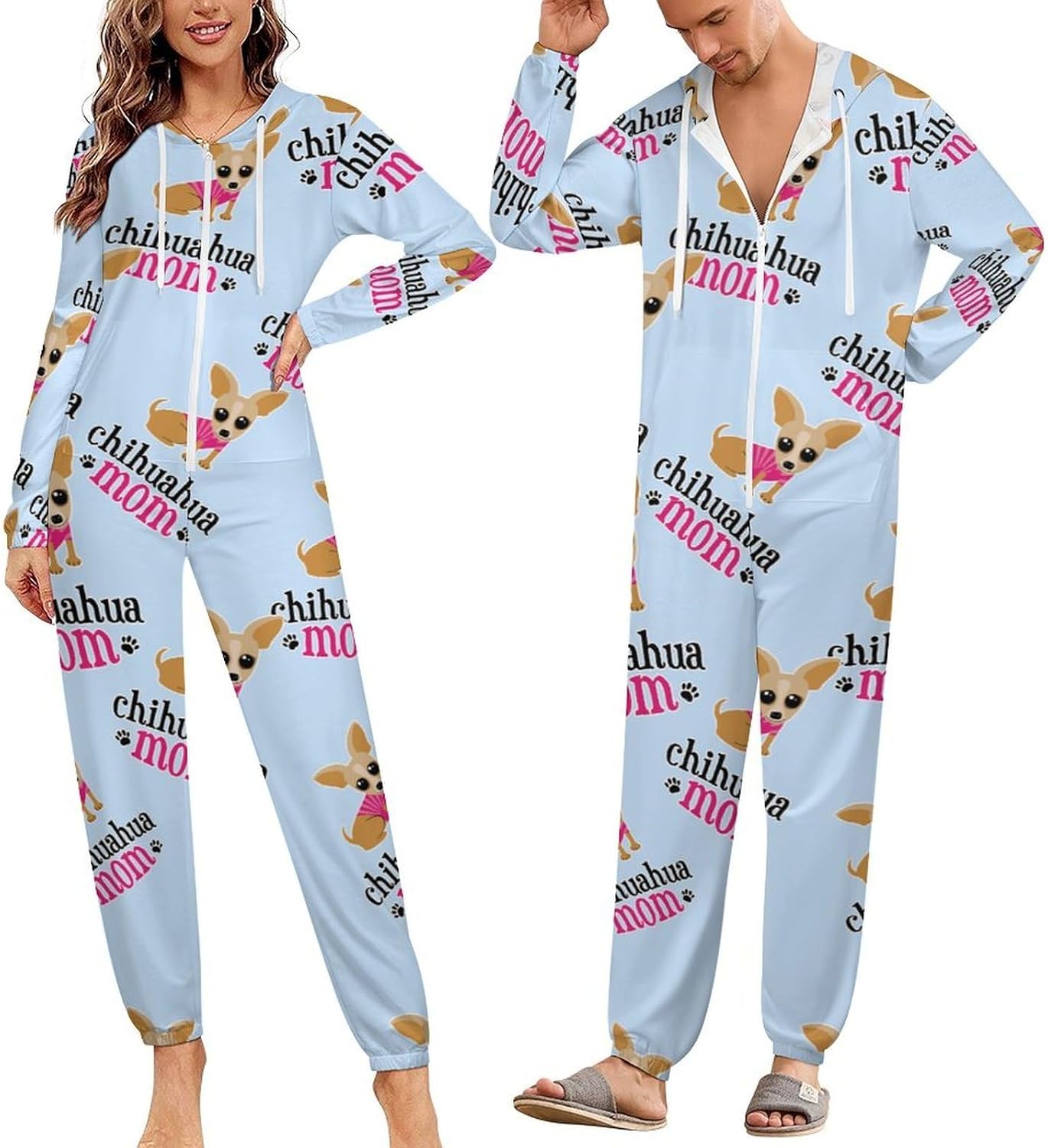 Chihuahua Mom Dog Adult Pajamas Onesie with Hood Pocket Jumpsuits One Piece Sleepwear