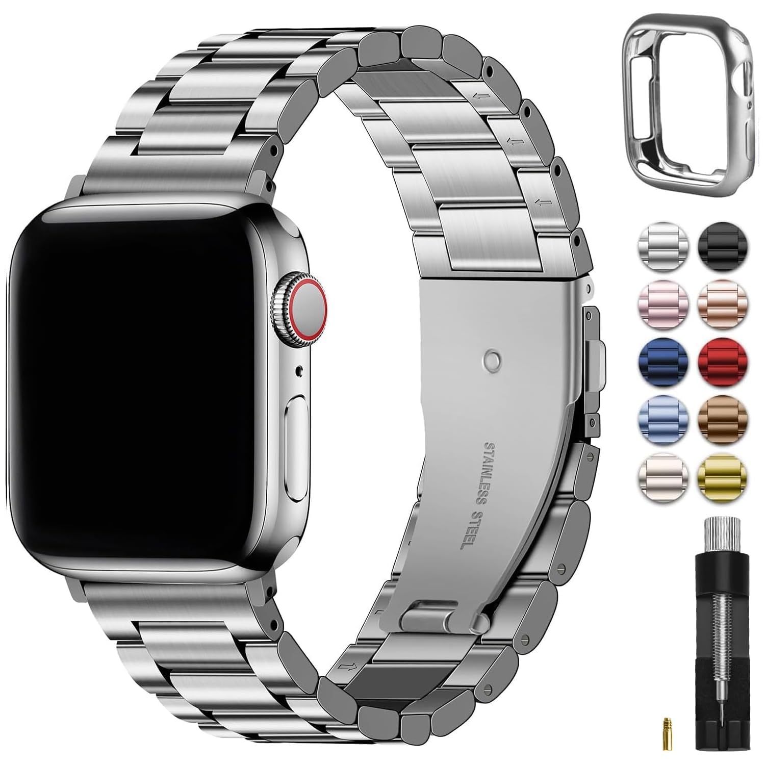 Fullmosa Cinturino per Apple Watch 44mm 45mm 42mm in Acciaio Inossidabile | Compatibile con Apple Watch SE3 SE2 SE Serie 9 8 7 6 5 4 3 2 1, Regolabile Cinturini di Ricambio per Uomo e Donna, Argento