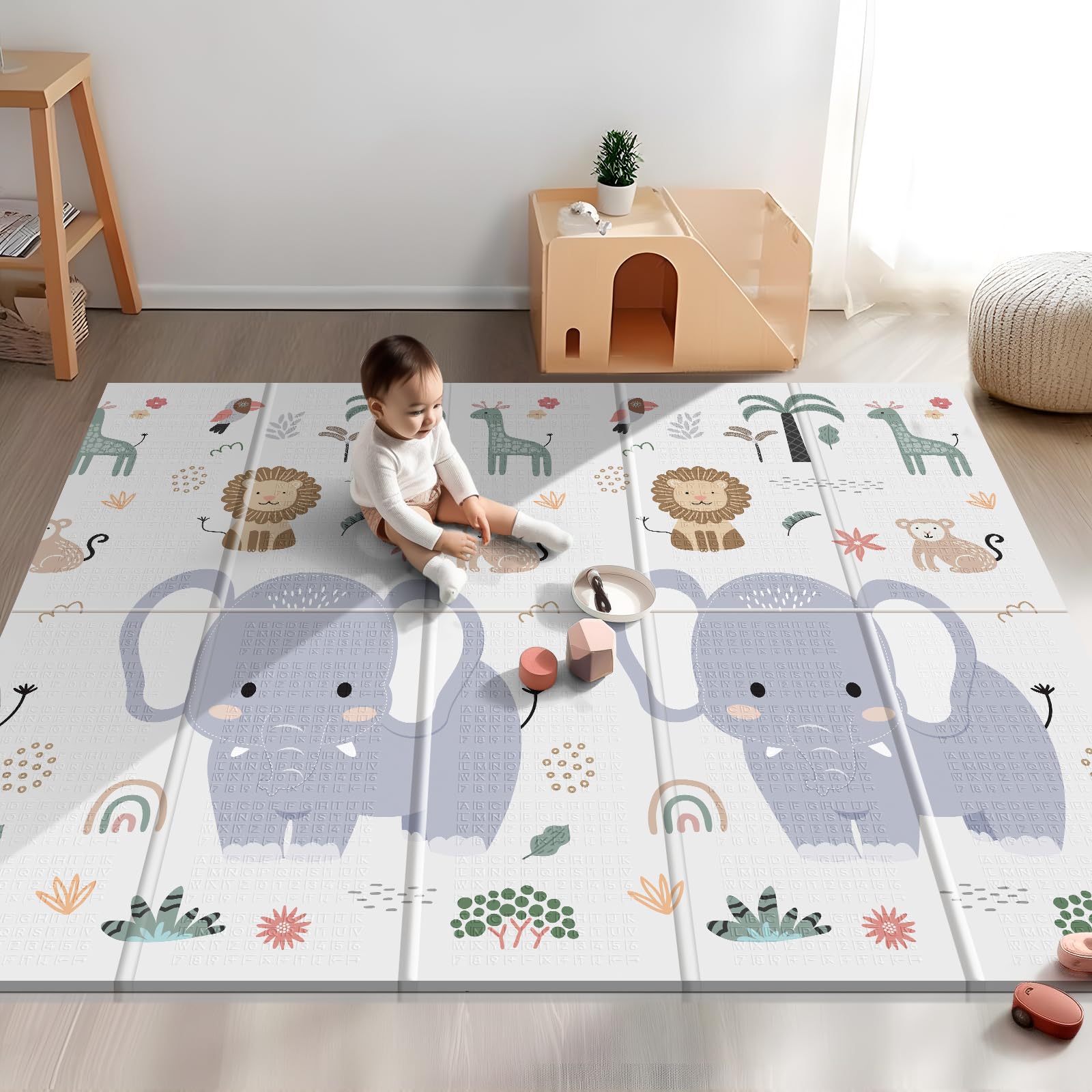79x71 Extra Large Baby Play Mat for Floor, Foldable Foam Playmat for Babies 0-12 Months & Kids, Non-Toxic Waterproof Baby Mat for Floor, Thick Playpen Mat for Tummy Time Crawling Elephant+Mon 79 x 71 x 0.4 inch
