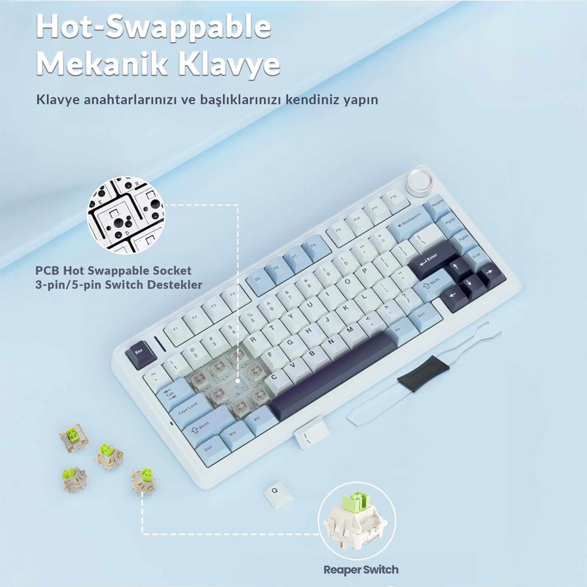 Aula F75 Mécanique RGB TKL Reaper Switch Wireless Macroller Clavier Hot Swap Noir