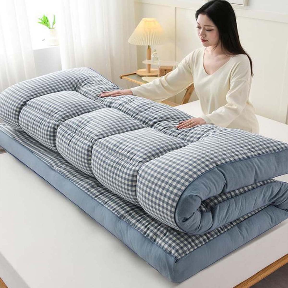 Danchen Matelas de sol futon, matelas de sol pliable, enroulable et doux, extra épais et doux, pour lit, dortoirs, camping, canapés, chaises longues (180 x 200 cm, carreaux gris)