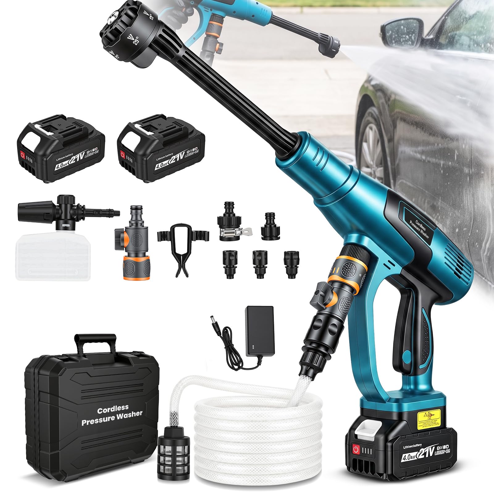 Yofuly Hidrolimpiadora a Batería Compatible con Baterías Makita 18V, Motor Brushless, 330 L/h, 3 Velocidades, con 2 Baterías 4,0Ah, Manguera de 5 m, Boquilla 6 en 1 para Coche y Jardín