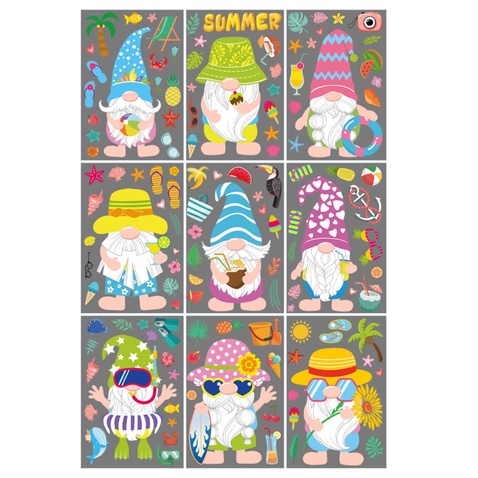 Gnomes Window Clings 9 Sheets Static Wall Stickers Beach Watermelon Lemon Window Decals for Wall Glass Car Party Sticker