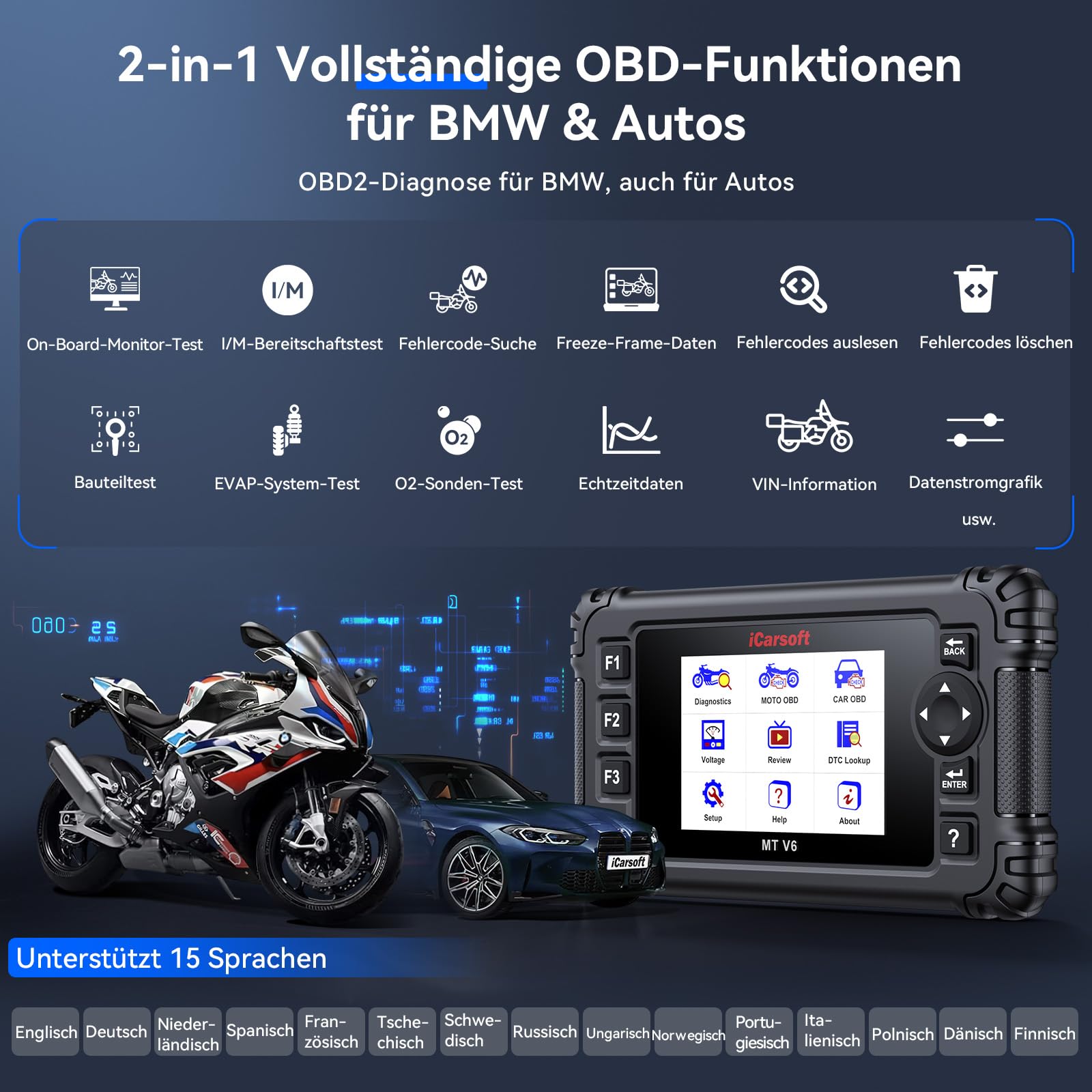 iCarsoft Motorrad OBD2 Diagnosegerät Bidirektional Passend für BMW mit ABS Bleeding, Throttle, Alle Systeme Motorrad-Diagnosetool, Multisystem-Diagnosecodeleser, mit Hot Reset Funktionen, Datenstrom