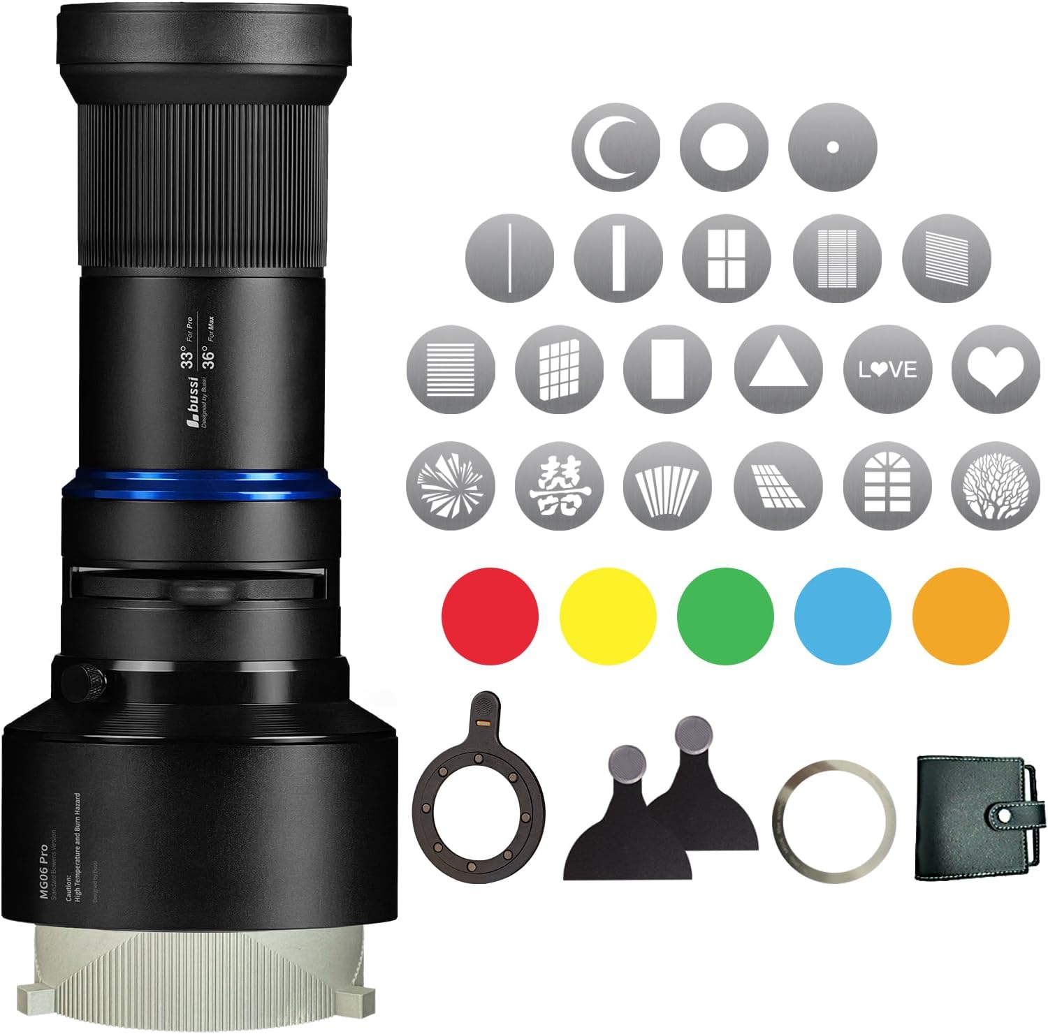Bussi MG06 Pro Optical Snoot, Bowens Mount LED Lights, 33° Lens Spotlight for Photography with 20 Gobos Light Kit.2X Shutter Blades & 5 Color Gels Photography Spotlight (Standard Bowens Mount)