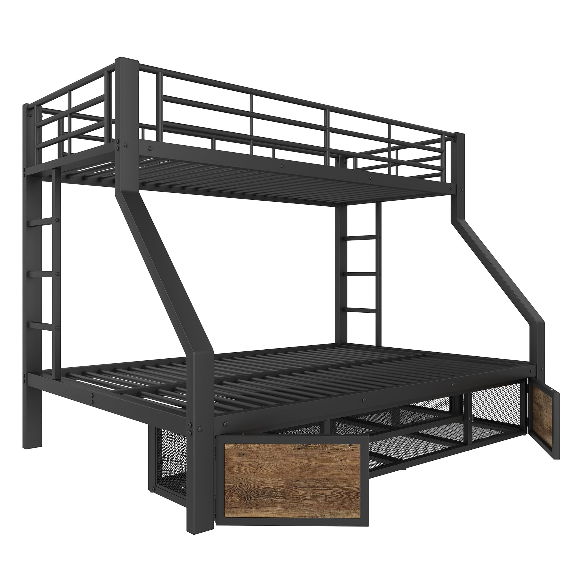 Cama apilable 90 x 200 cm+140 x 200 cm, cama infantil, con zapatero, compartimentos de almacenamiento, barandillas de seguridad, escalera, certificada EN747, sin colchón (Negro)