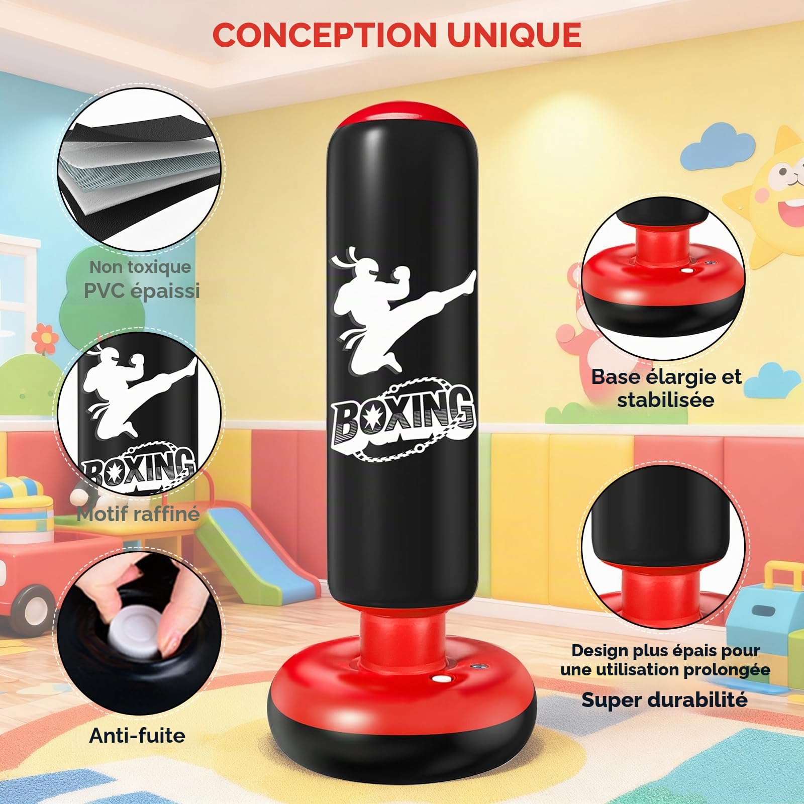 Qoosea Sac de Boxe Enfants 160cm Gonflable Sac de Frappe sur Pied Set de Formation avec Gants Karaté Taekwondo