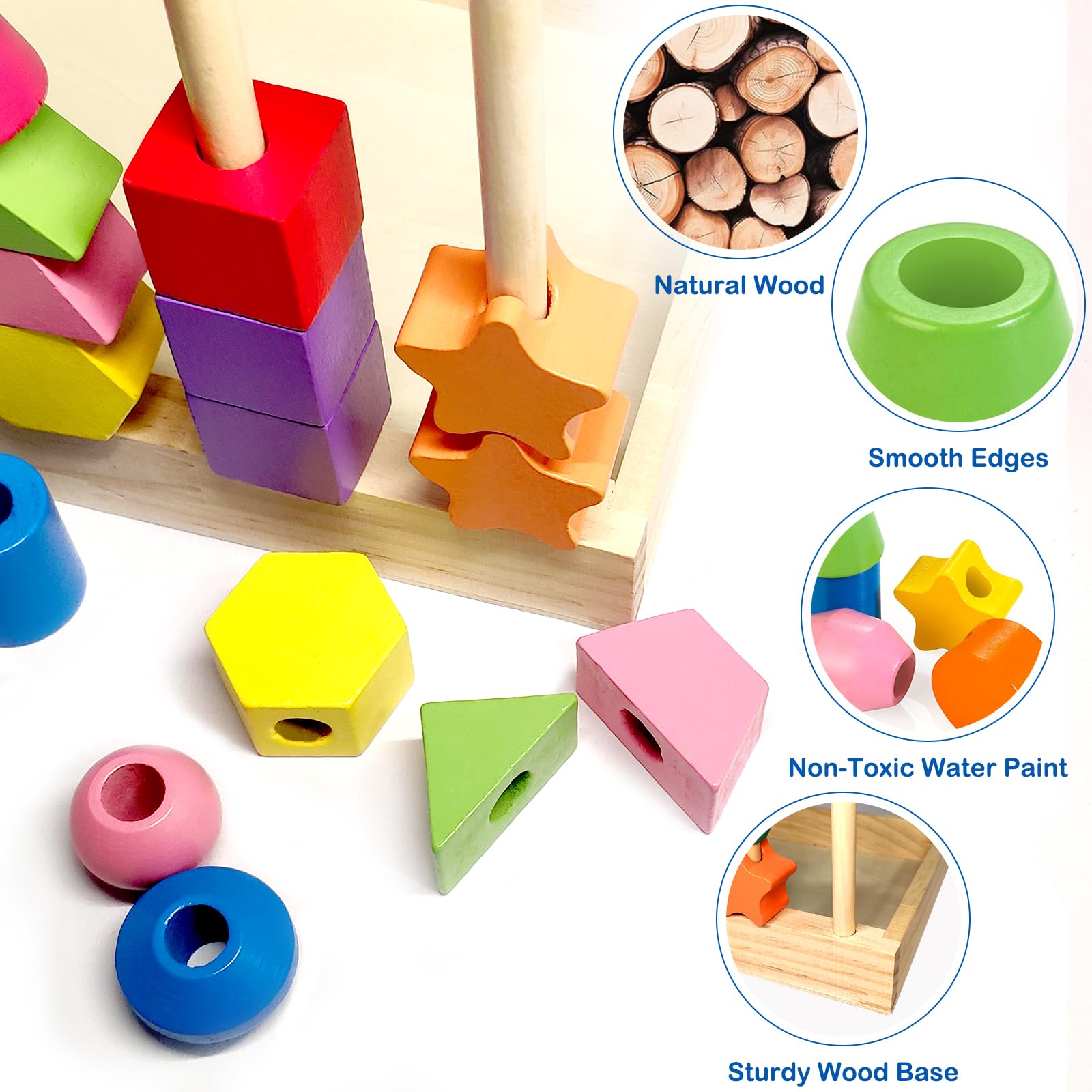 Montessori Wooden Beads Sequencing Toy Set, Sorting Stacking Blocks & Lacing Beads & Shape Matching Stacker for 2 3 4 5 Years Kids Preschool Learning Fine Motor Skills Toys Gifts for Toddler Boy Girl - 5