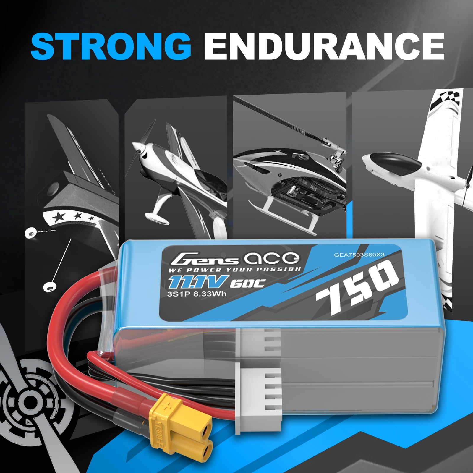Gens ace 3S 750 mAh 11,1 V 3S1P 60C Lipo akumulator z wtyczką XT30 do FPV Racing Quadrocopter Helicopter