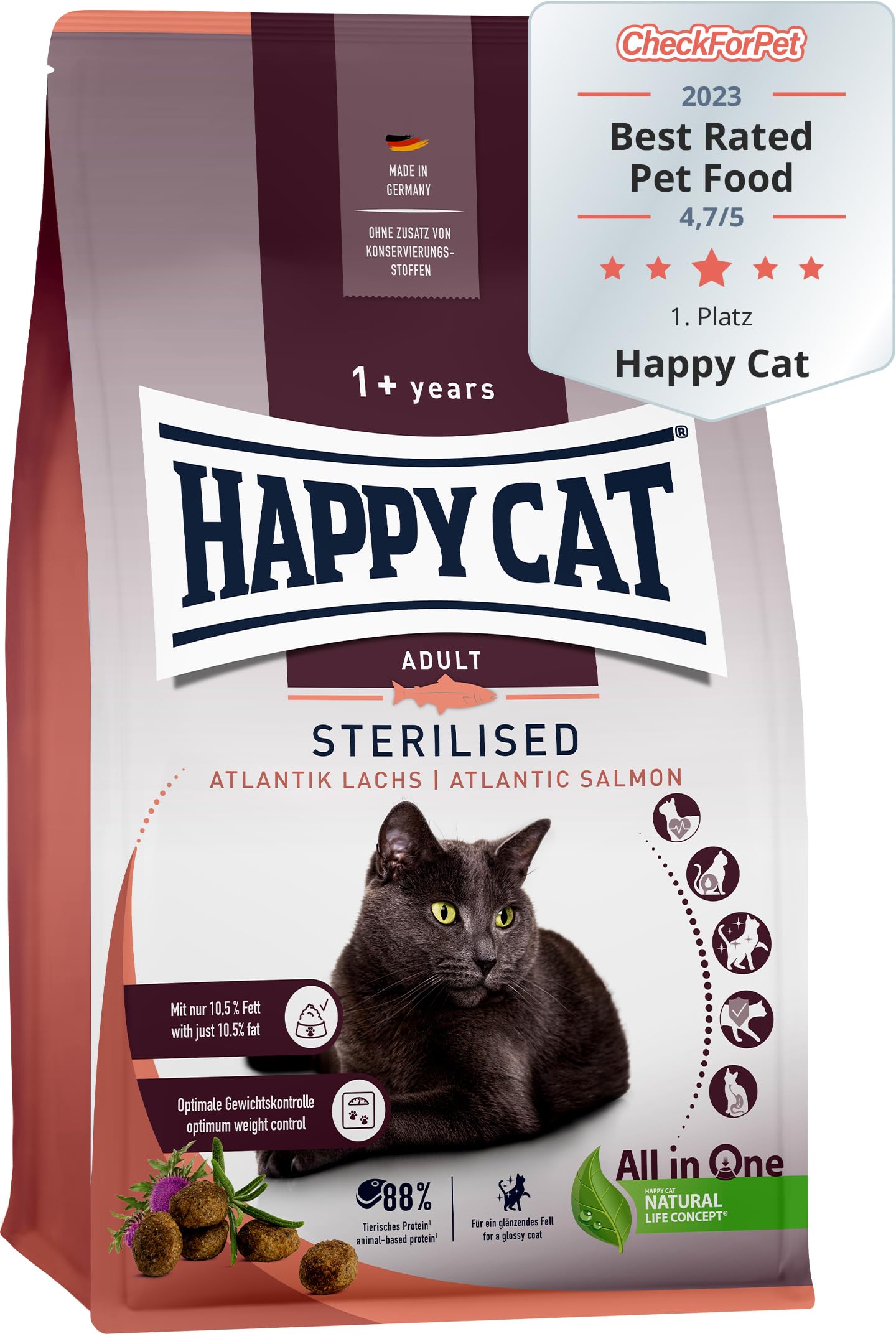 Happy Cat Sterilised Adult Atlantik Lachs M - Trockenfutter für sterilisierte Katzen und Kater - 10 kg