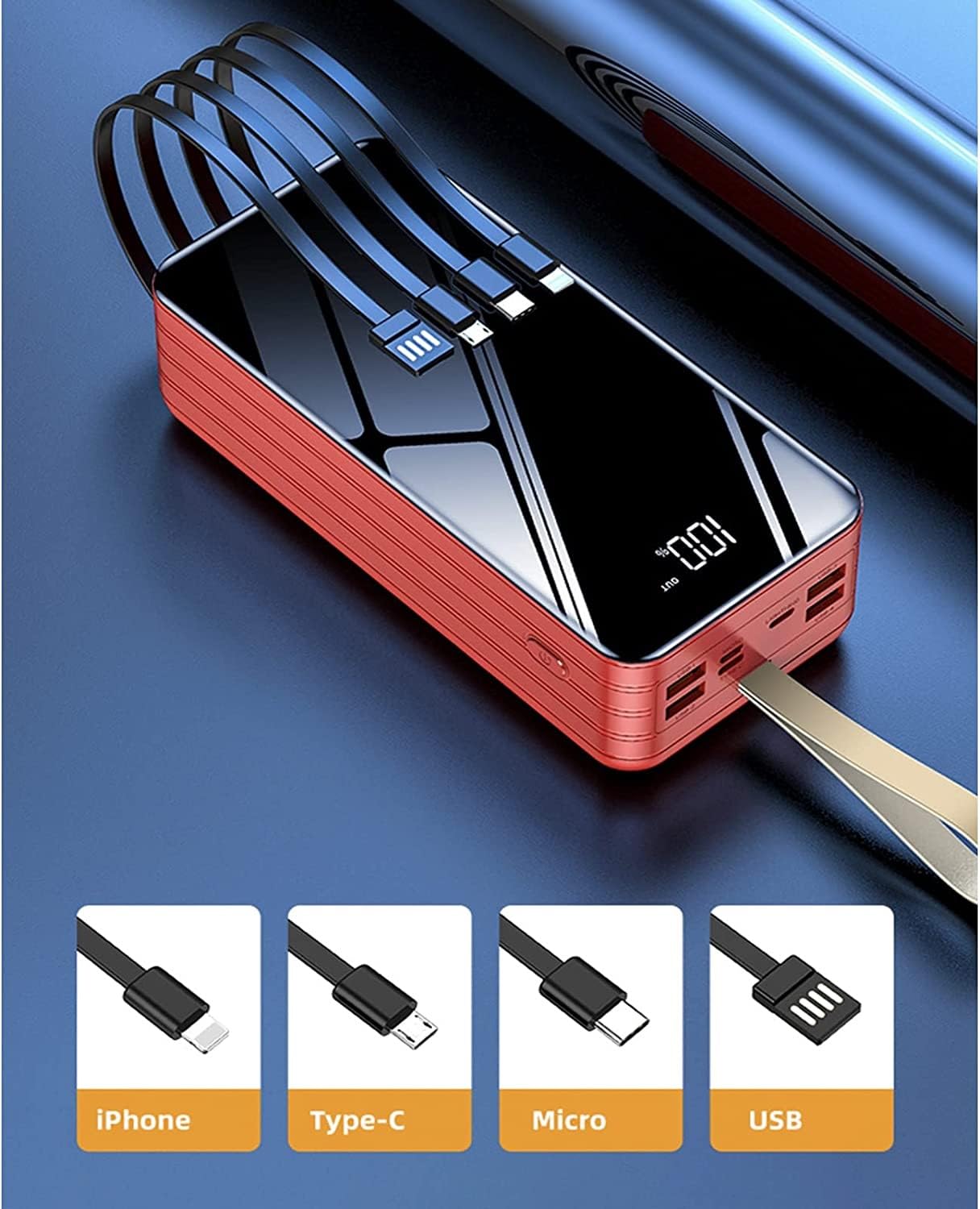 100000Mah Alta Capacidad Bancos De Energía Cargador Portátil Admite Carga Rápida De 2,1A Paquete De Batería Carga 7 Dispositivos para Teléfonos Inteligentes, Tabletas, Consolas De Juegos(Red)