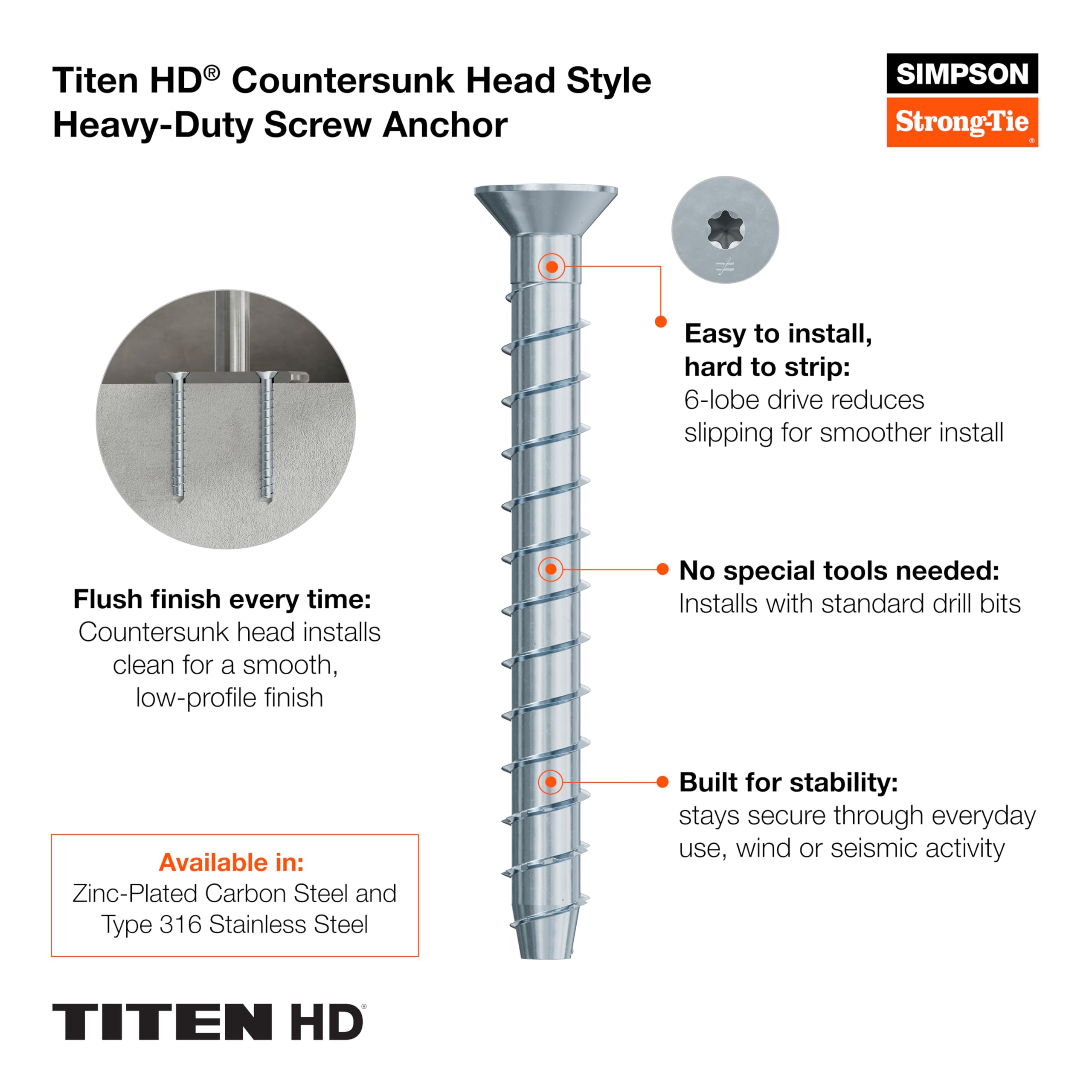 Simpson Strong-Tie THDC25400CS6SS Titen HD 1/4 in. x 4 in. Type