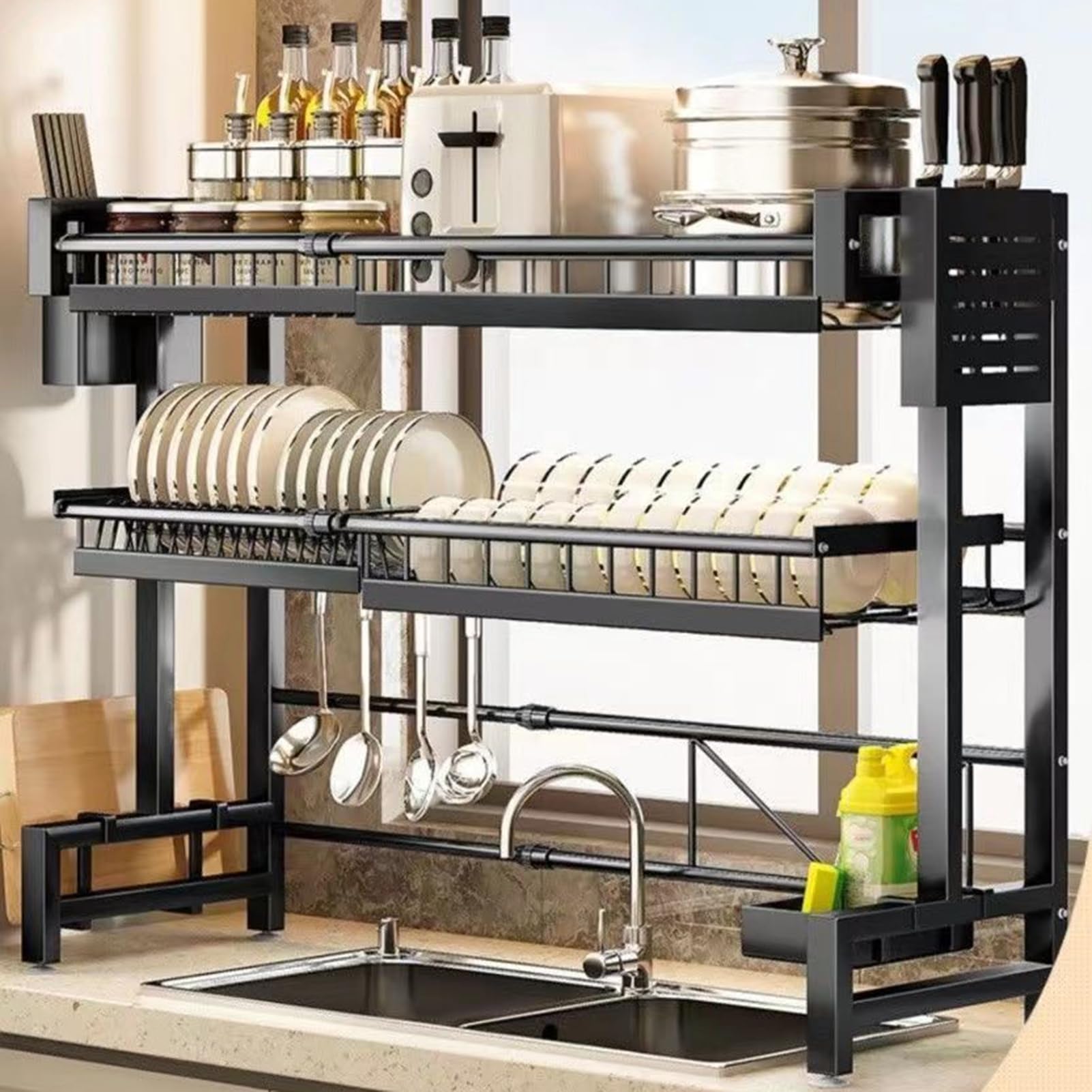 Saterkali Escurridor de platos grande sobre el fregadero, escurridor de platos de acero inoxidable de 2 niveles telescópico de gran capacidad, escurridor de platos para encimera de cocina, doble