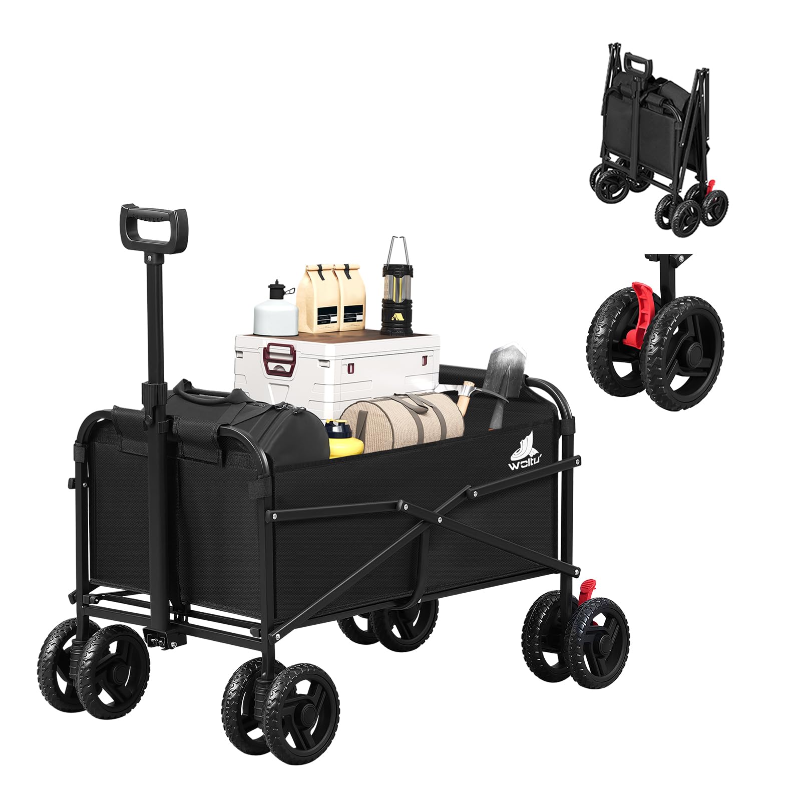 WOLTU Festival Trolley Folding Garden Wagon, 80KG Collapsible Camping Cart with Lockable Wheels, Heavy Duty Oxford Fabric Utility Trolley for Beach Outdoor Garden Picnic Shopping, Black