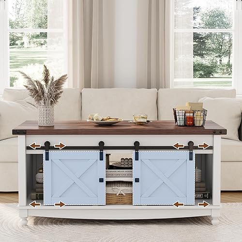 Miniatura 6 de Mesa de centro de granja de 48" con superficie elevable, puerta corrediza de granero de almacenamiento y gran compartimento oculto, mesa de centro