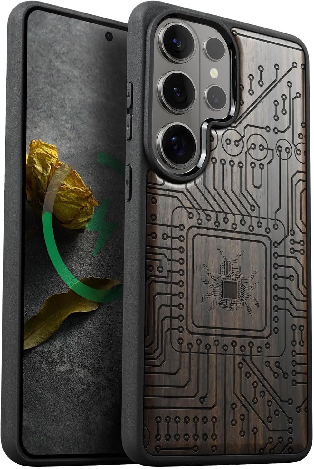 Carveit Magnetic Wooden Case for Samsung Galaxy S26 Ultra Case 2026, TPU Shockproof Cover & Wood Artisan Engraved, Compatible with MagSafe Wireless Chargers (Cybernetic Bug) Blackwood