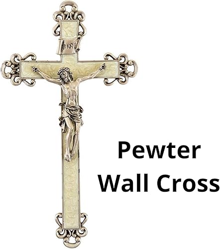 Miniatura 3 de Crucifijo de cruz floral epoxi perlado blanco con peltre Christ Corpus, 10 pulgadas