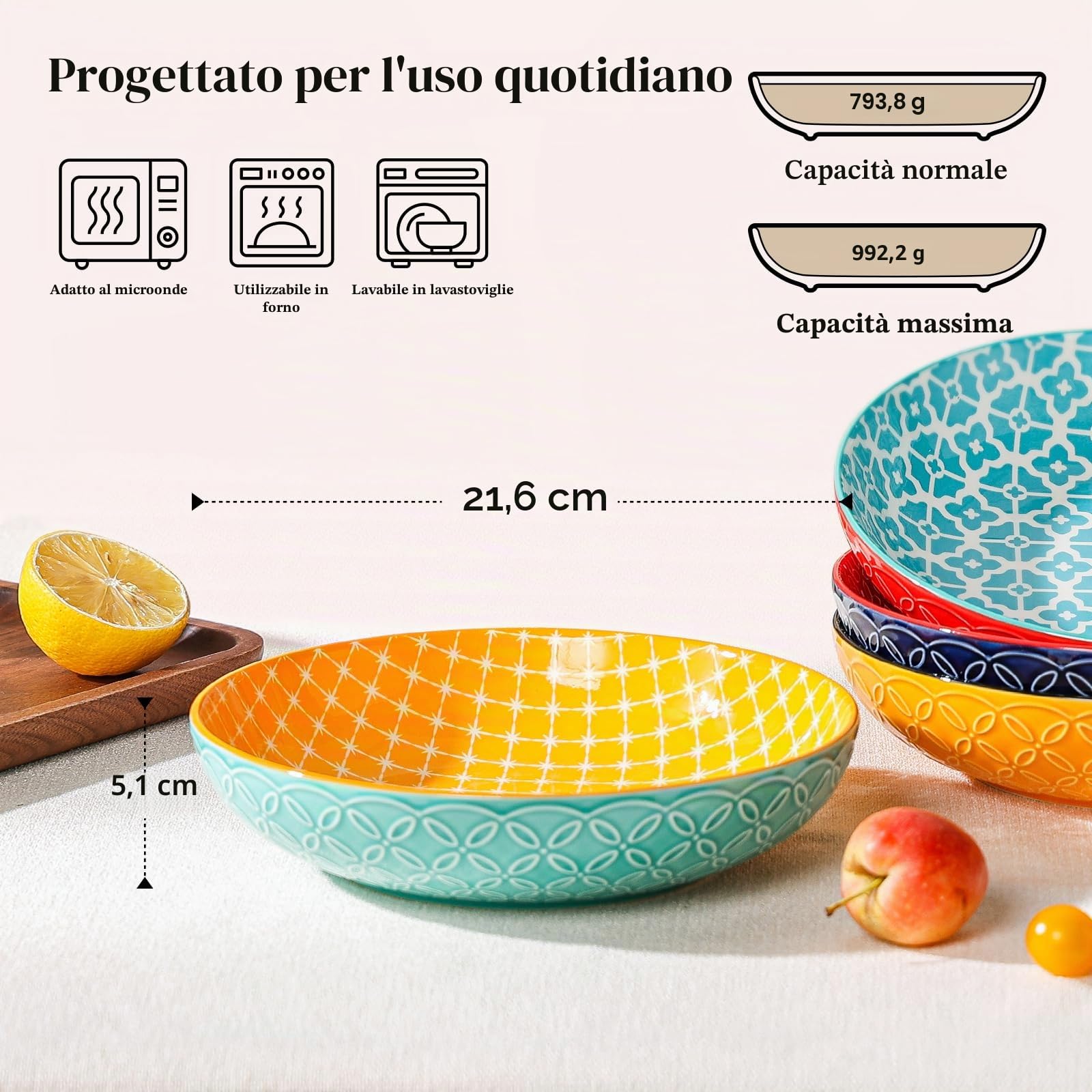 DOWAN Ciotole per Pasta dai Colori Vivaci, Grandi 20,5 cm, in Porcellana Set di 4, Ciotole per Pasta, Insalata, Zuppa, Farina d'Avena, Motivo Misto
