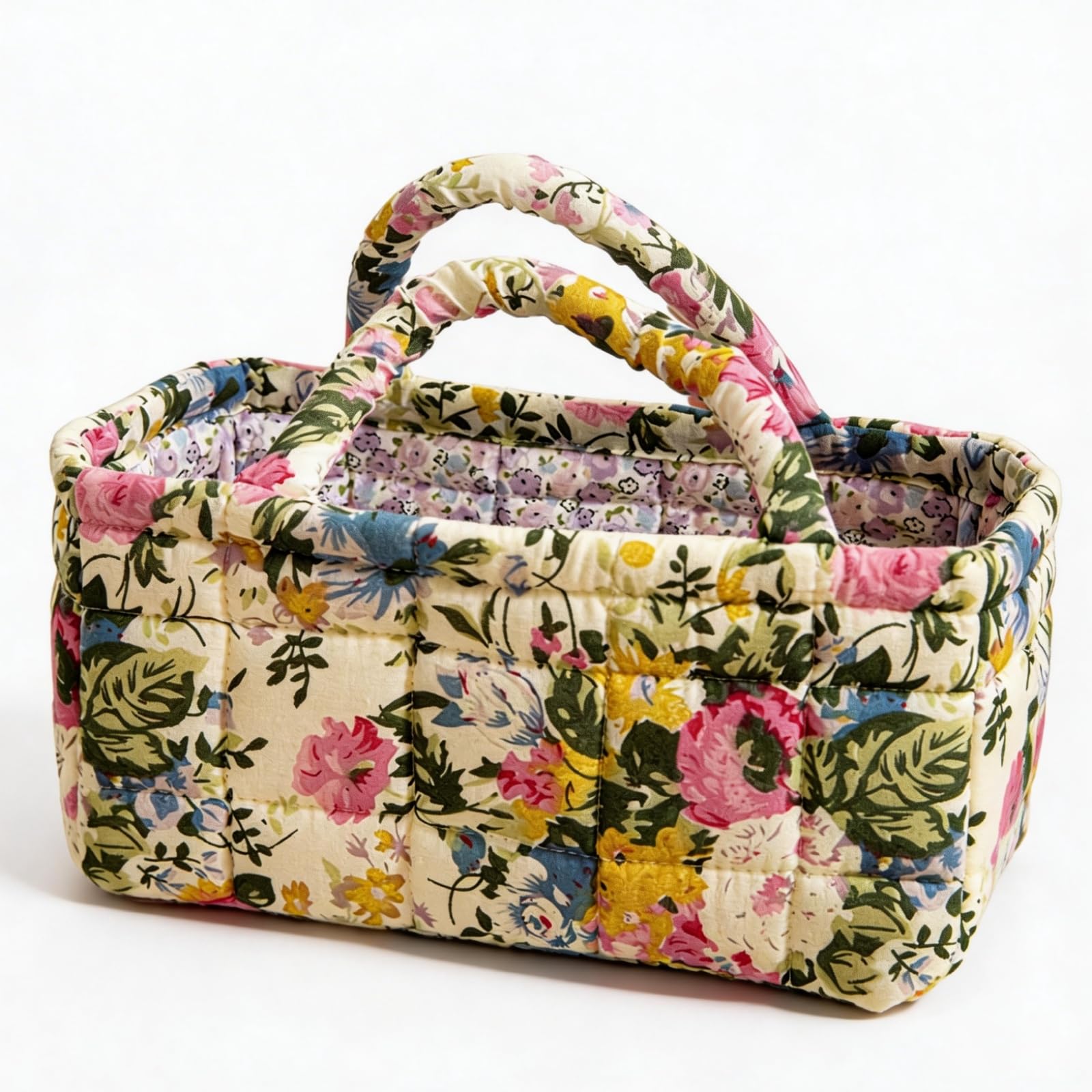 Vintage Floral Print Quilted Storage Basket Foldable with Handles Portable Snack Laundry Bathroom Cosmetic Skincare Organizer for WomenBedroom Essentials (10)