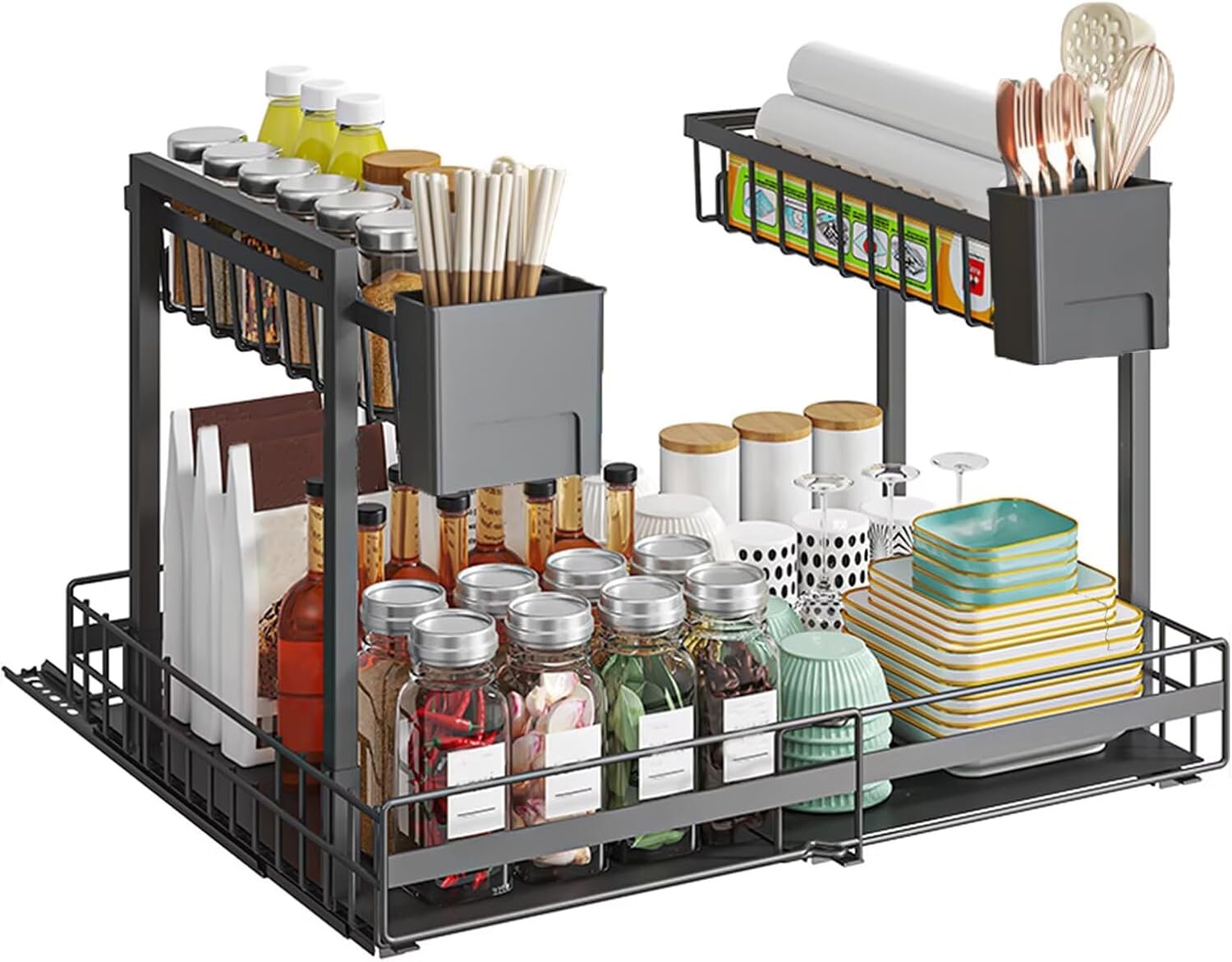 Pull-Out Cabinet Organizer - Rust-Proof Metal Under Sink Storage with Sliding Drawers & Spoon Holder, Multi-Purpose Space Saver for Kitchen Bathroom Pantry, Black, 12.2-19.6in