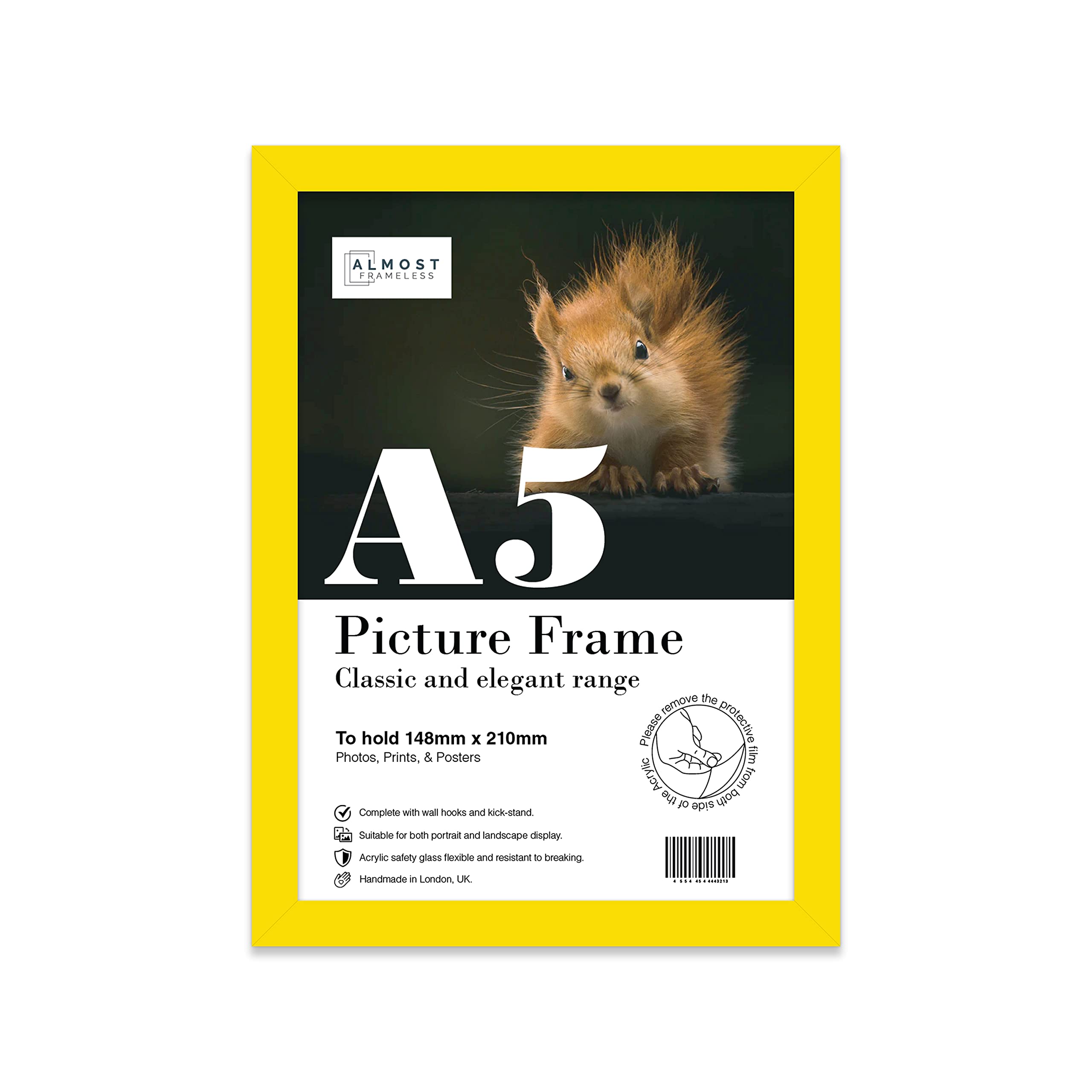 Almost Frameless A5 Yellow Picture Frame, Fits A5 (14.8 x 21cm - 5.8 x 8.3in) Poster, Photo, or Print. Portrait and Horizontal Wall Hooks/Kickstand Wall Art Display