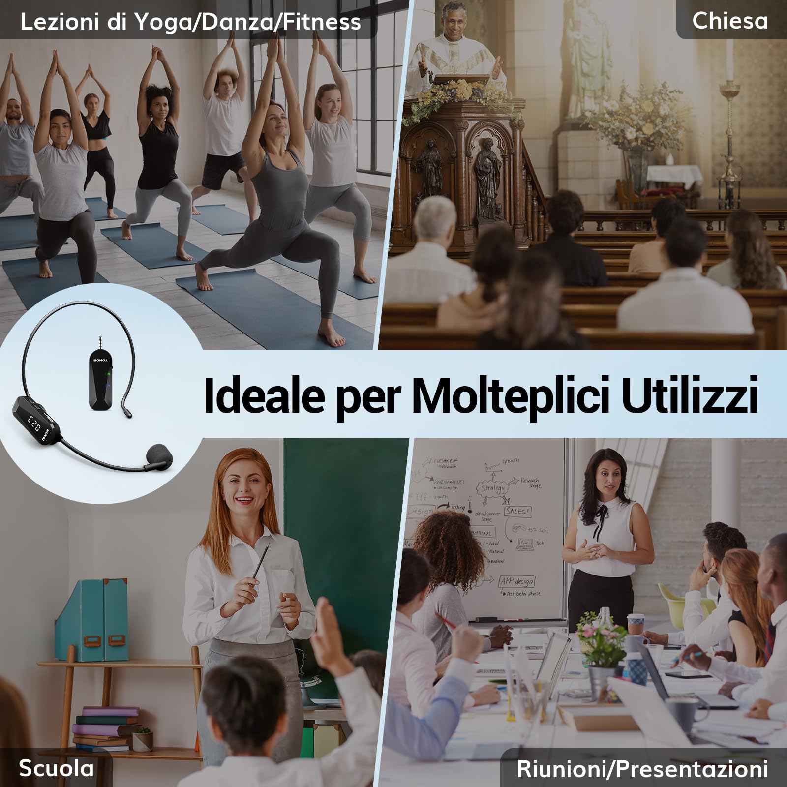 TONOR Microfono Wireless ad Archetto UHF, Ricaricabile Microfoni Senza Fili con 20 Canali, Archetto e Palmare 2-in-1, 6.5H Autonomia, per Amplificatore Vocale, Fitness, Insegnamento, Tour, Sistema PA