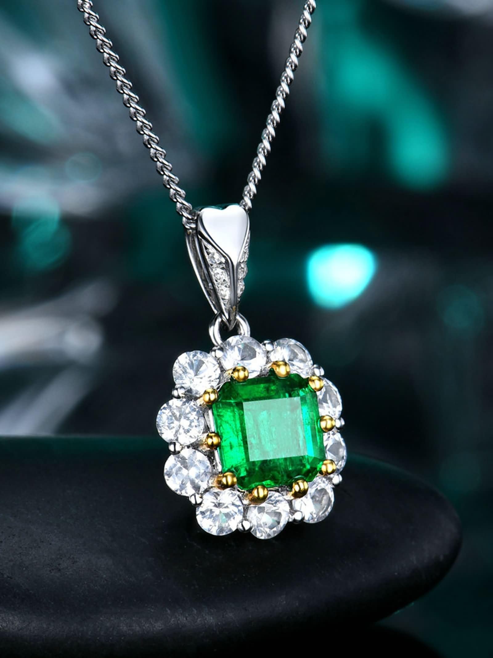 Wisiorek 9-karatowe białe złoto / 14 karatów / 18 karatów damski kwadrat ze szmaragdem 0,74 ct i diamentem, srebrny zielony łańcuszek damski