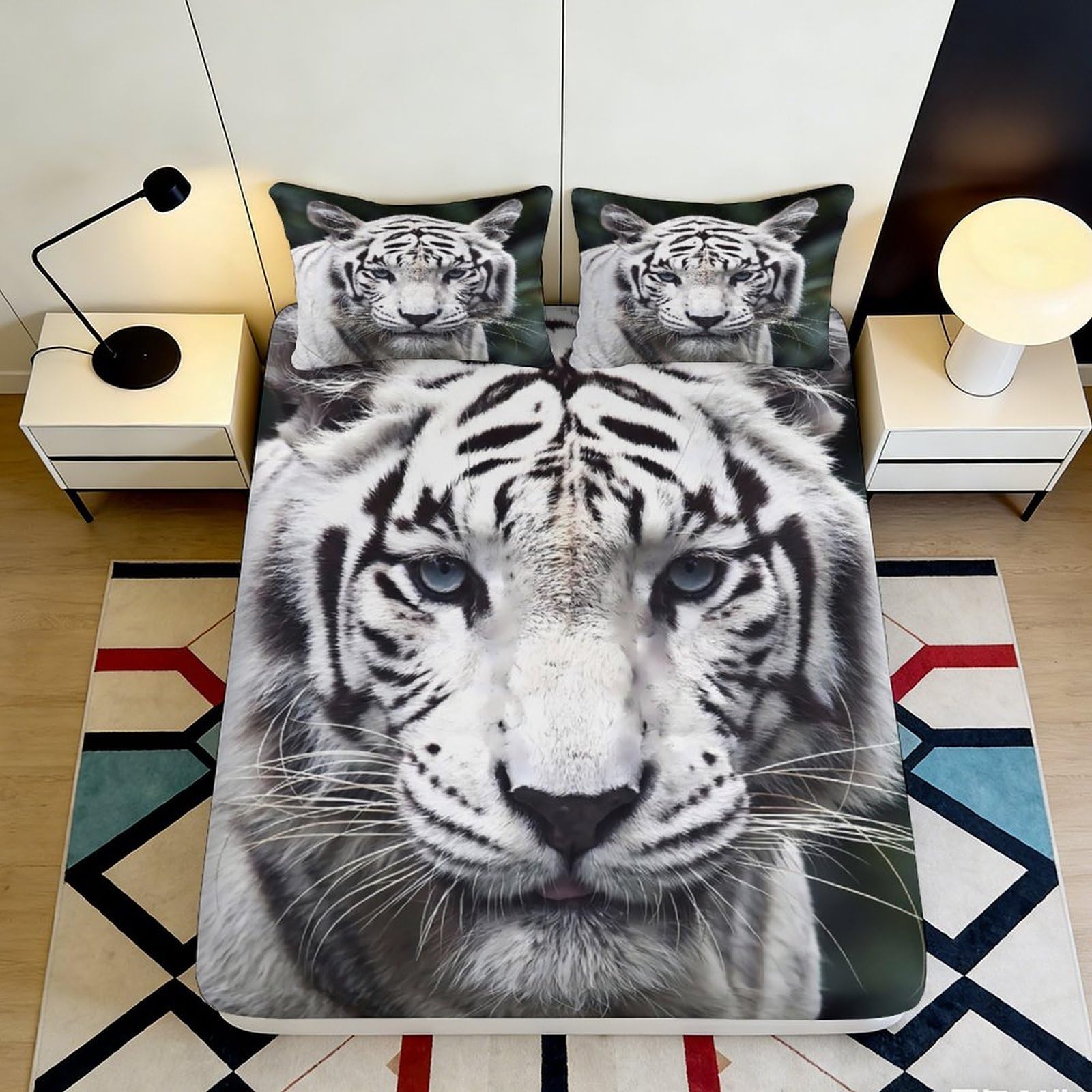 Pnayamiorkfel Style-8 3D Printed White Tiger Fitted Sheet Microfiber Soft Breathable Animal Face Bed Cover For Bedroom Guest Room Decor 90X200x25cm